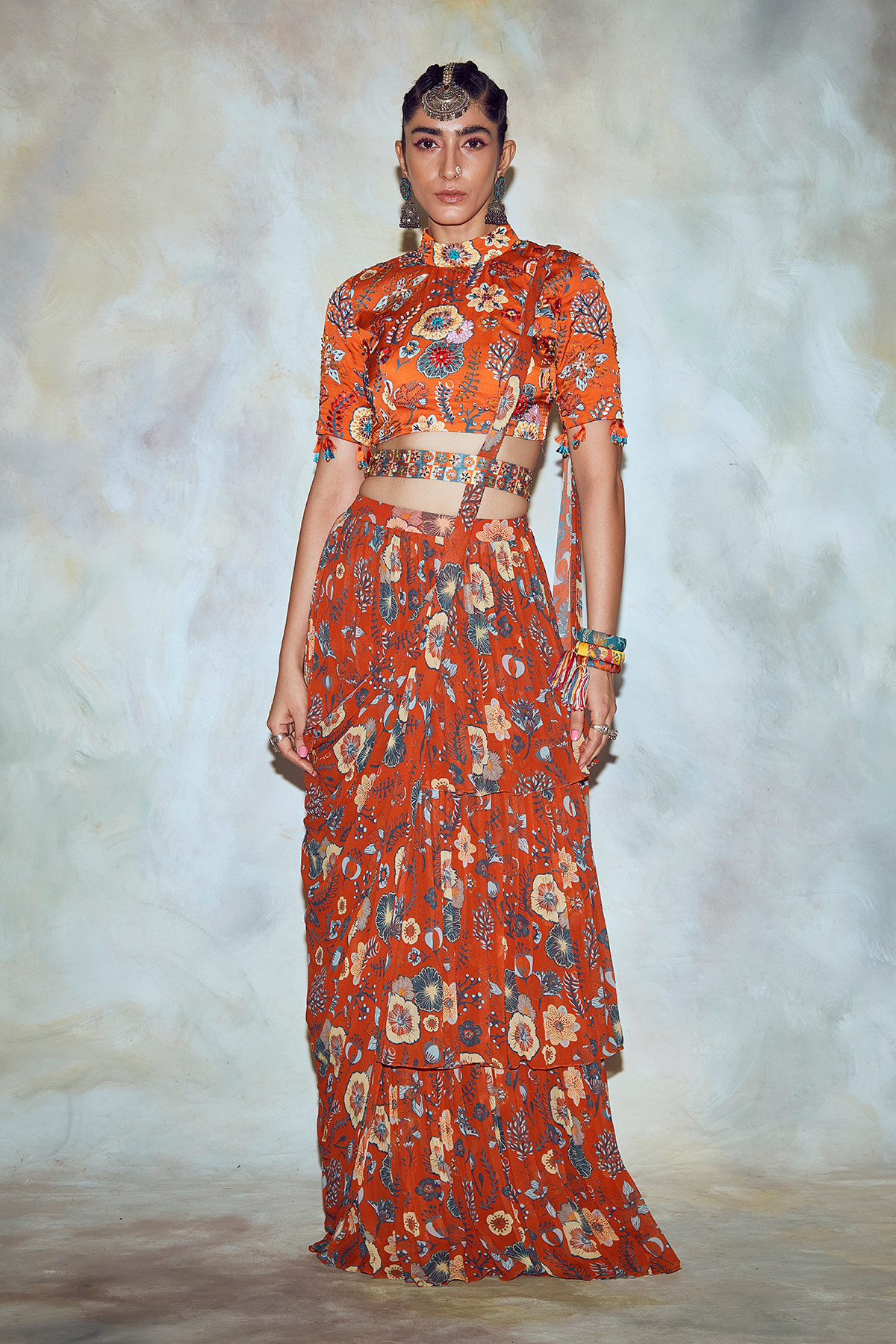 Rust Jaal Print Saree Set