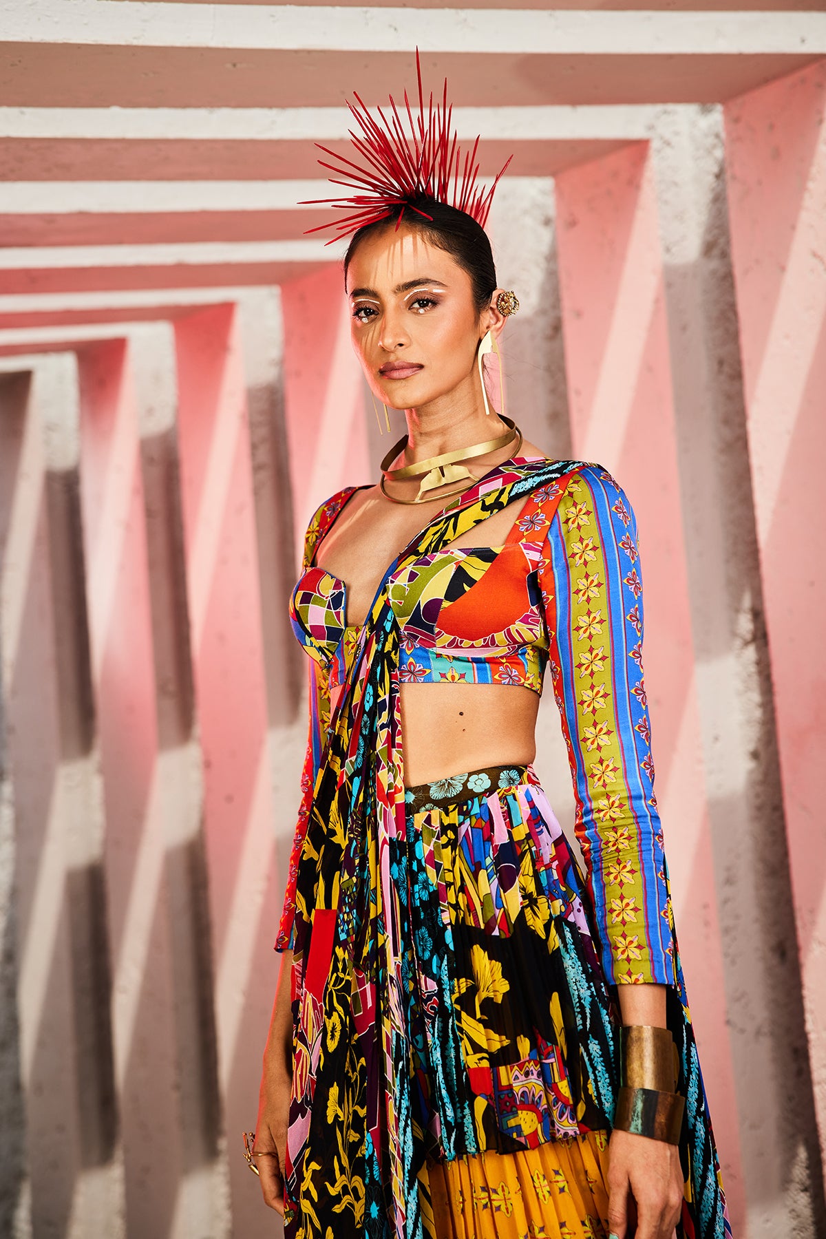 Yellow & Blue Aztec Print Layer Skirt Saree Set