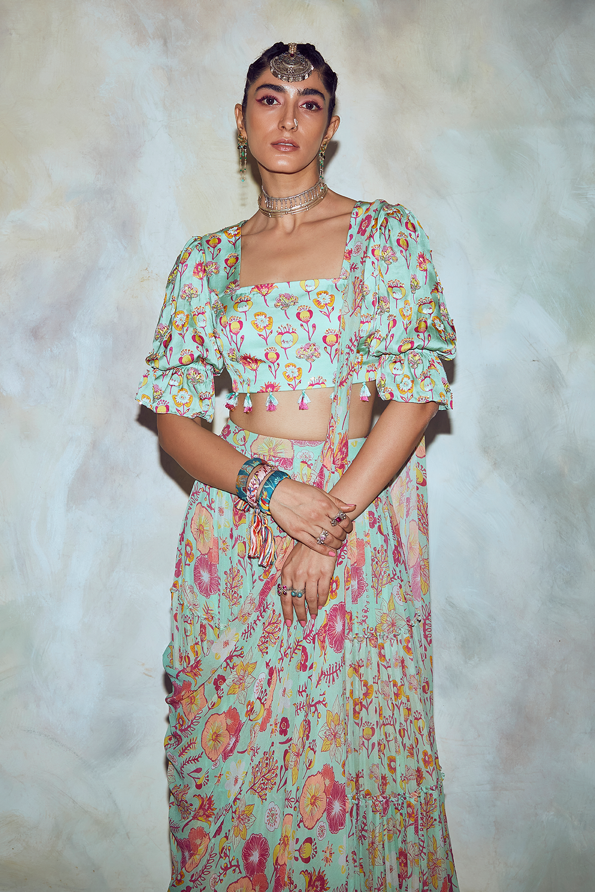 Mint Green Floral Skirt Saree