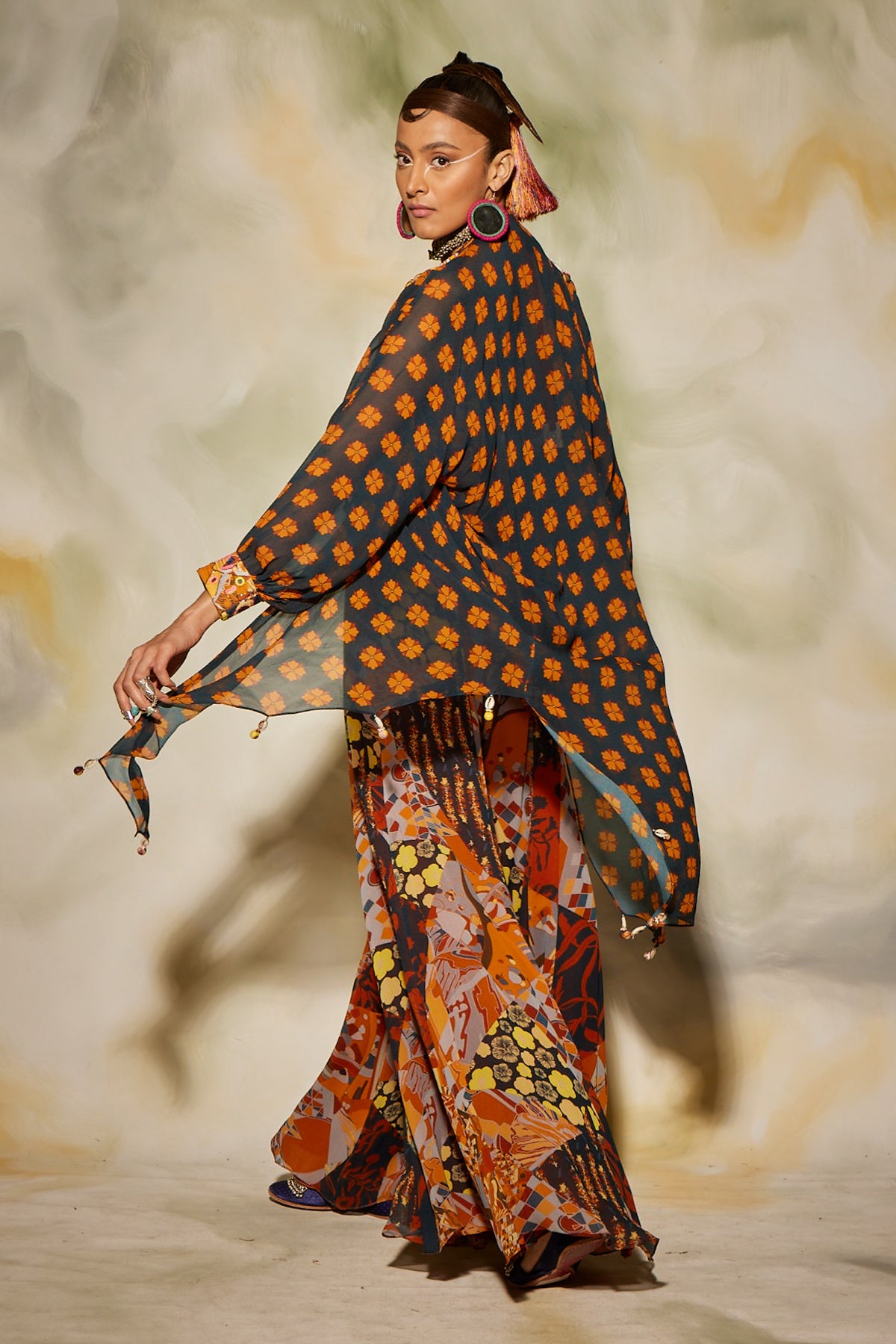 Brown & rust aztec printed busteir and sharara pants & potali bag