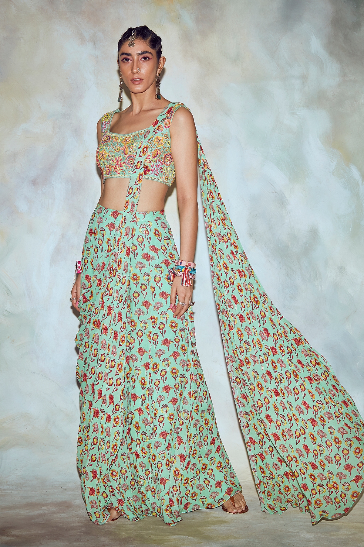 Mint Green Mix Embroidered Saree Set