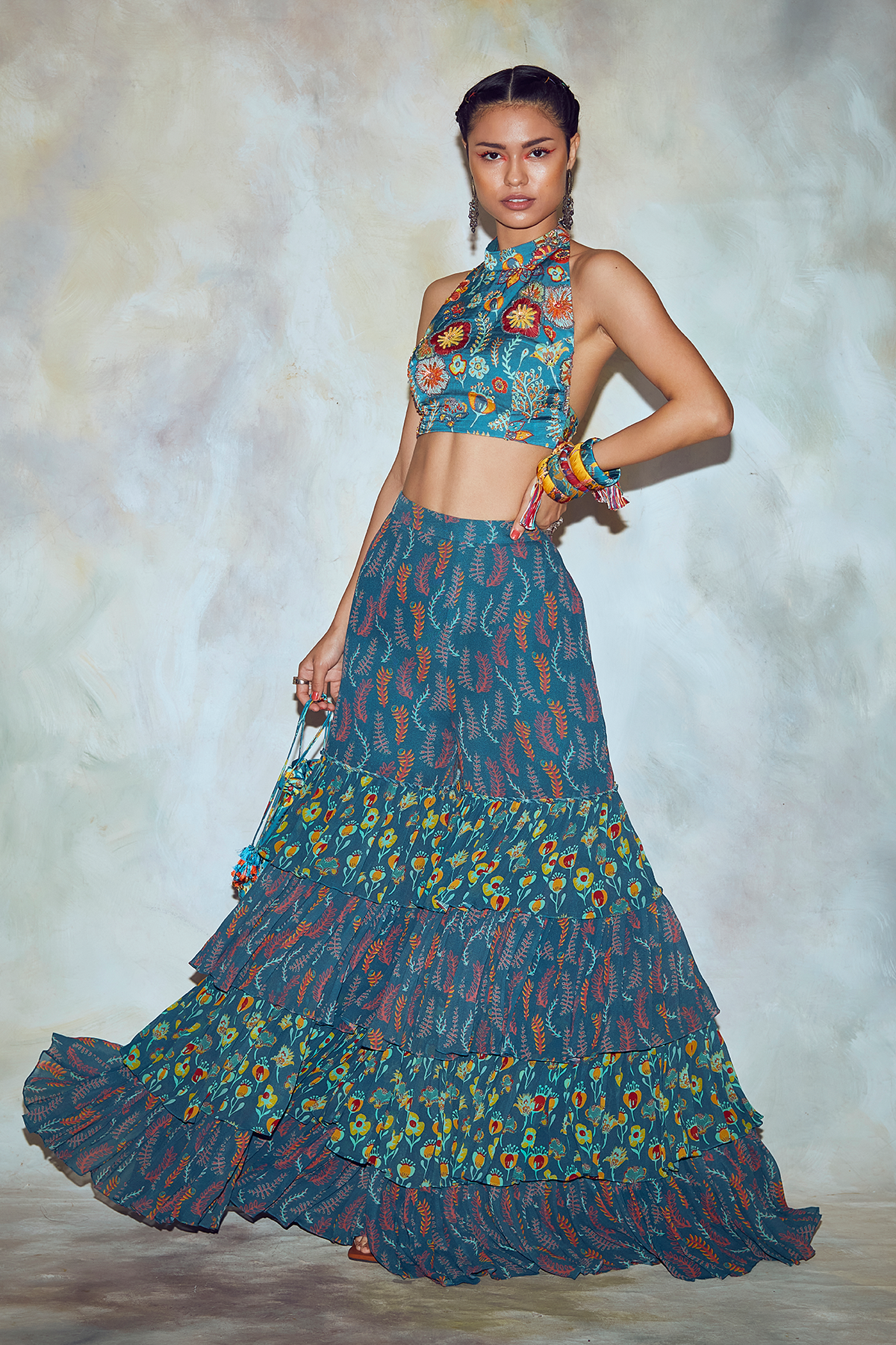 Teal Blue Jaal Print Crop Top Set