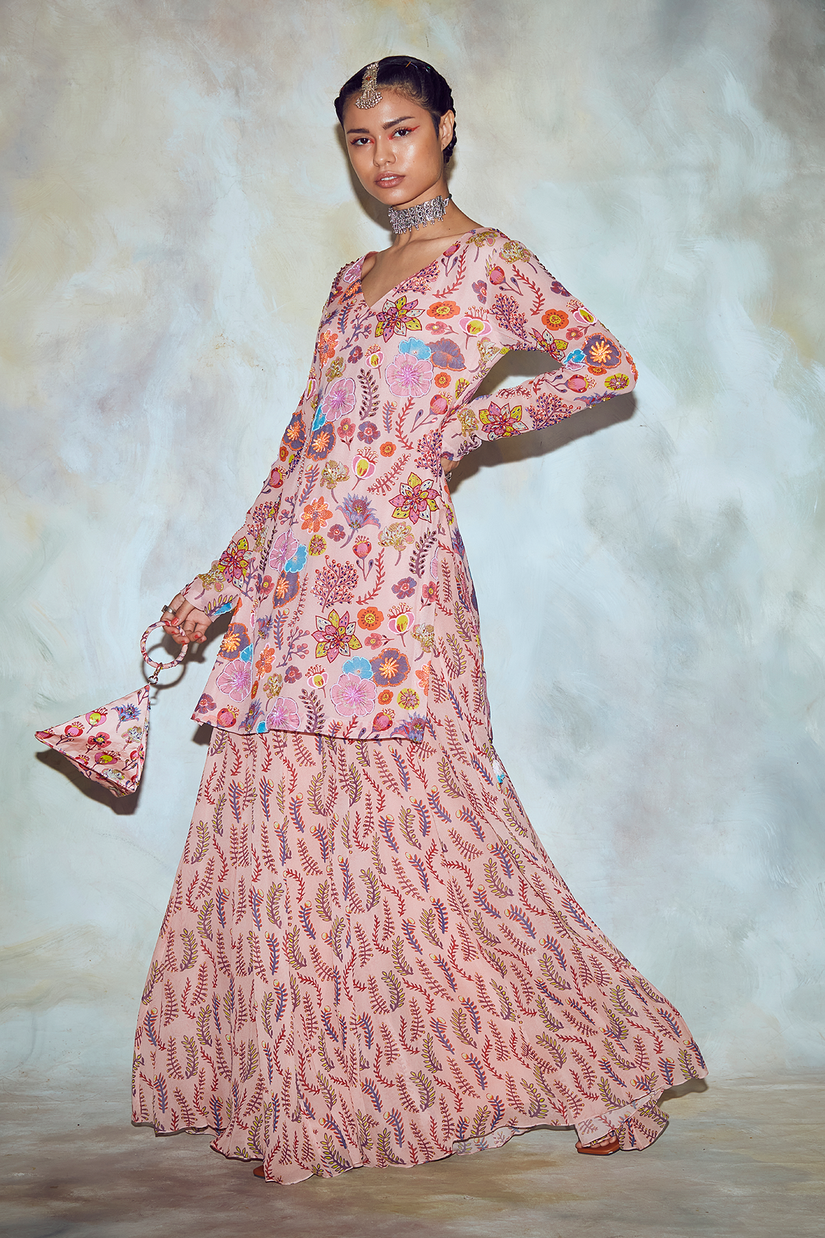 Blush Pink Jaal Print Kurti Sharara Set