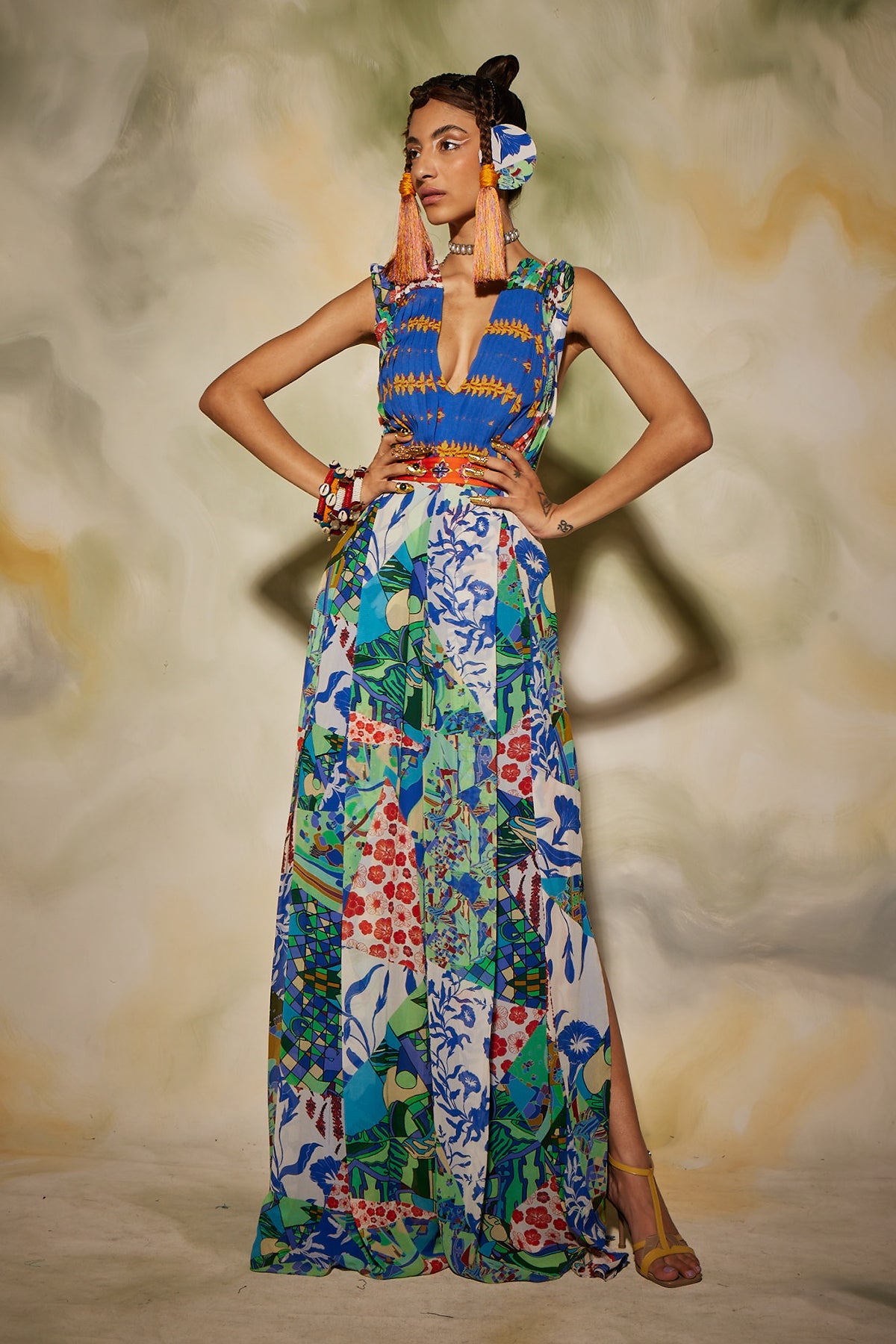 White & Blue Aztec Print Jumpsuit With Drop Potali Bag