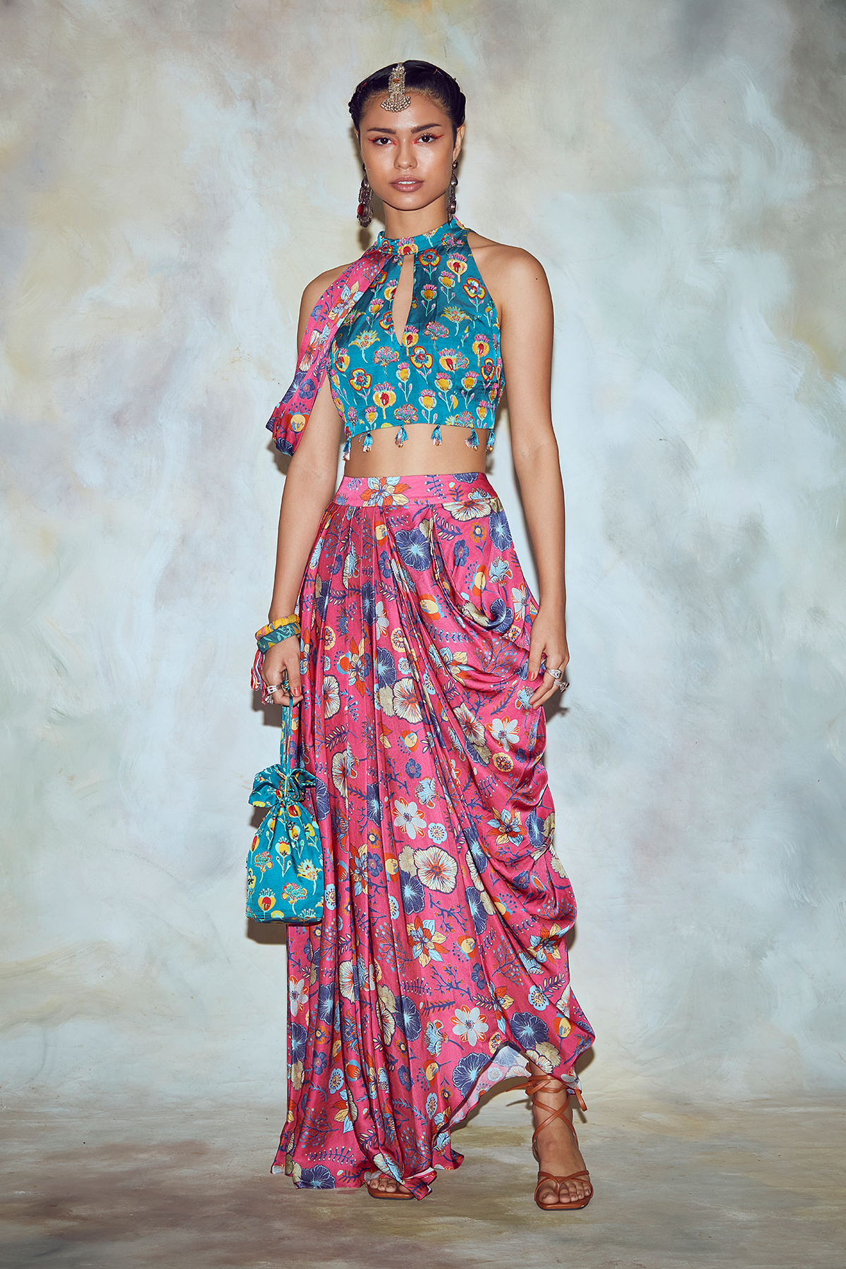 Teal Blue Floral Crop Top Set