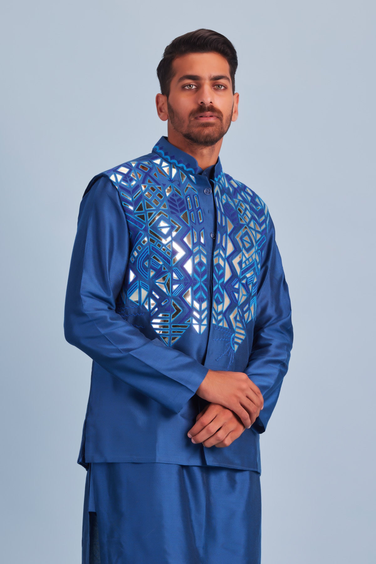 Indigo Blue Thread and Acrylic Abstract Embroidered Kurta With Embroidered Bundy and Indigo Blue Pants