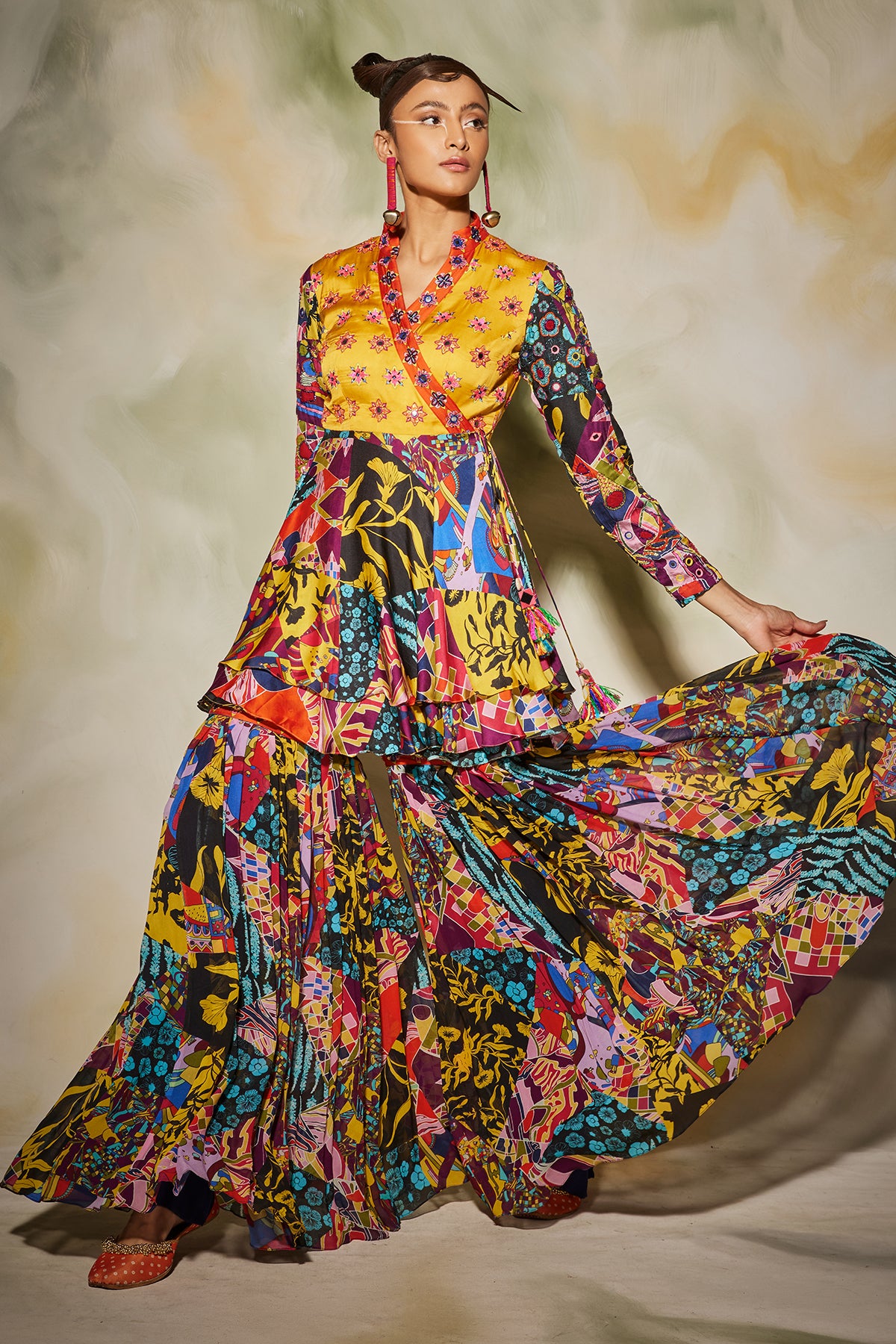 Yellow & Blue Aztec Print Peplum Set