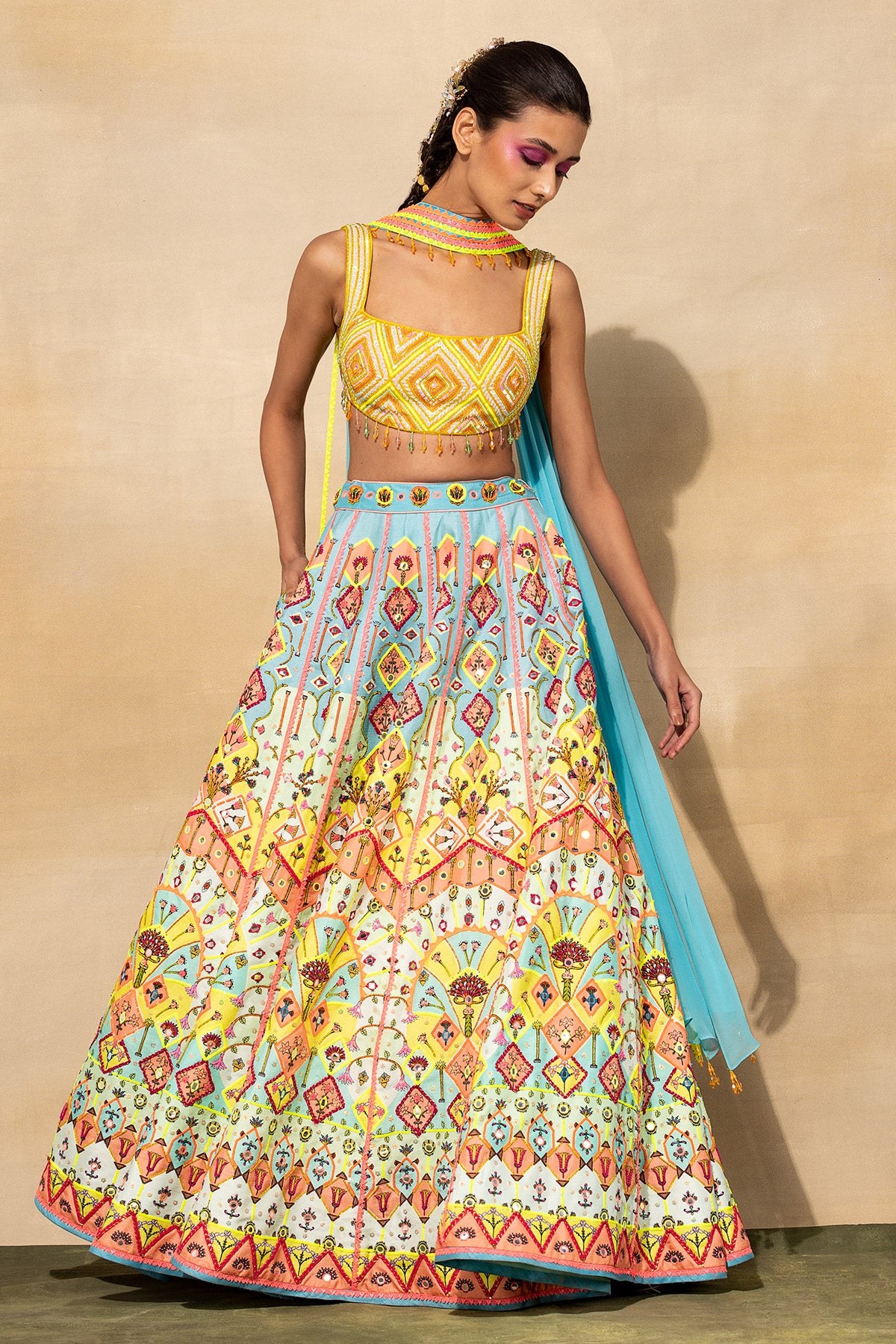 PASTEL YELLOW PRINT & EMBROIDERED LEHENGA SET