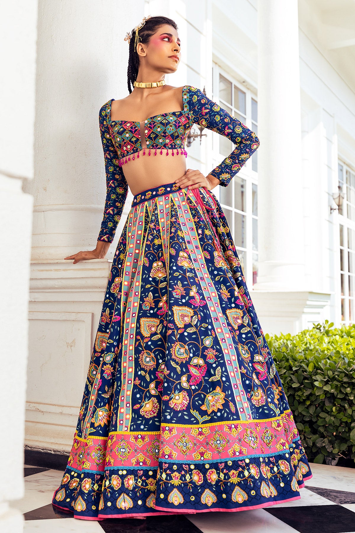 DARK BLUE PRINT & EMBROIDERED LEHENGA SET