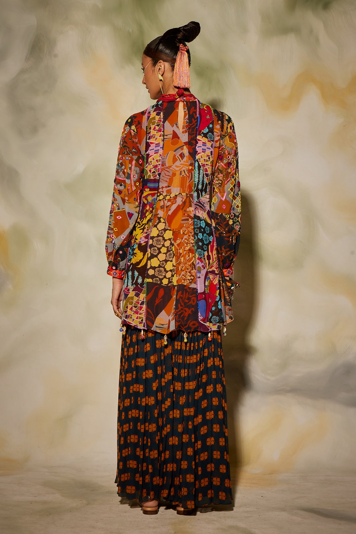 Kurti with brown butta printed sharara pants