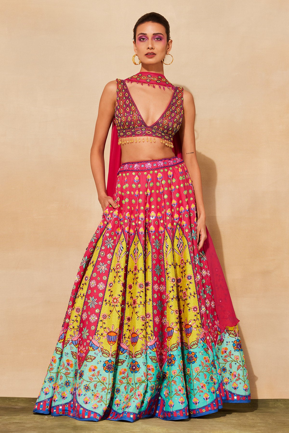 FUCHSIA PINK PRINT & EMBROIDERED LEHENGA SET