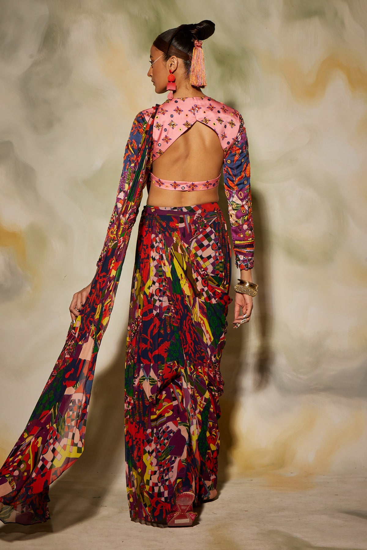 Pink Saree Set With Drop Potali Bag