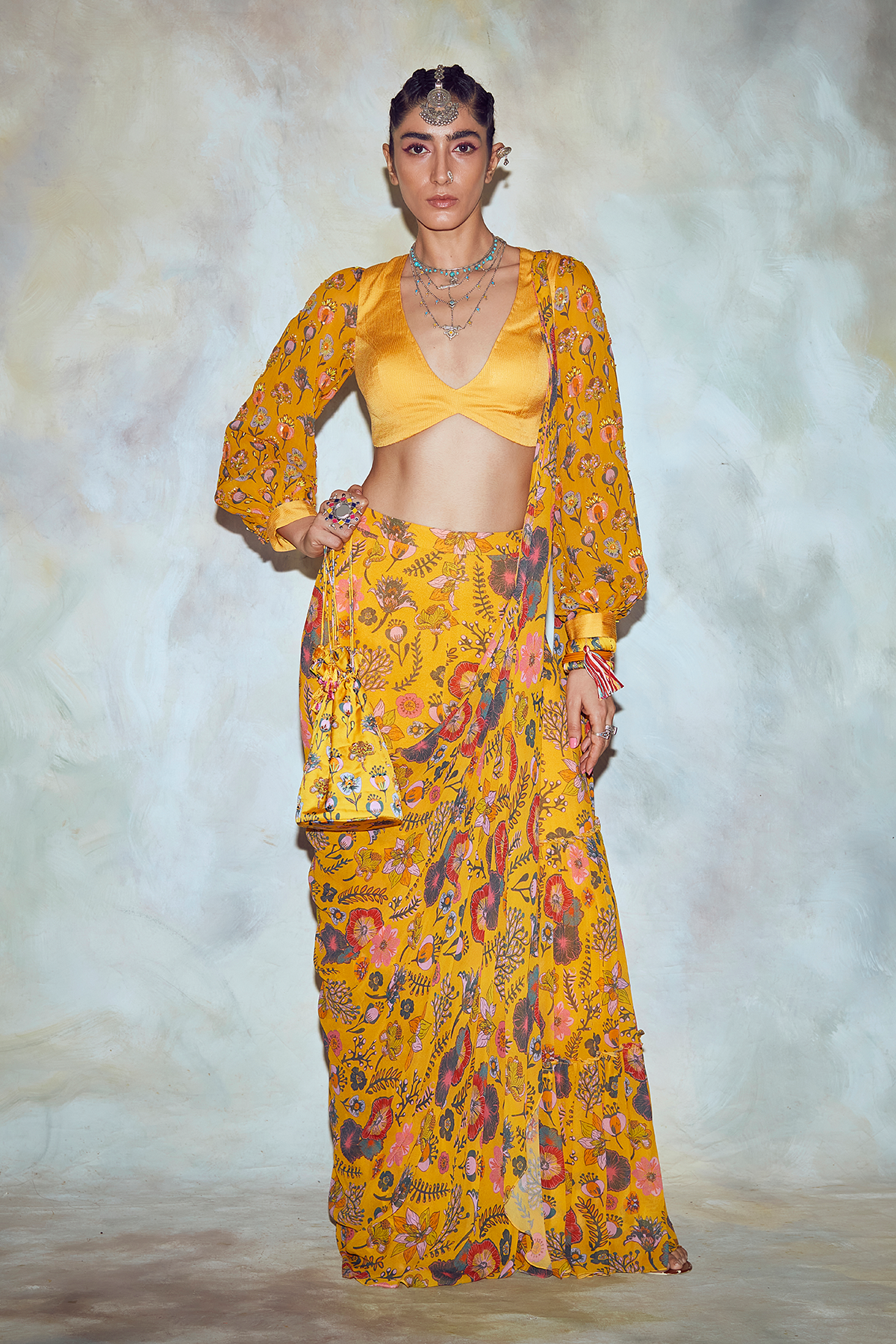 Yellow Floral Print Saree Set
