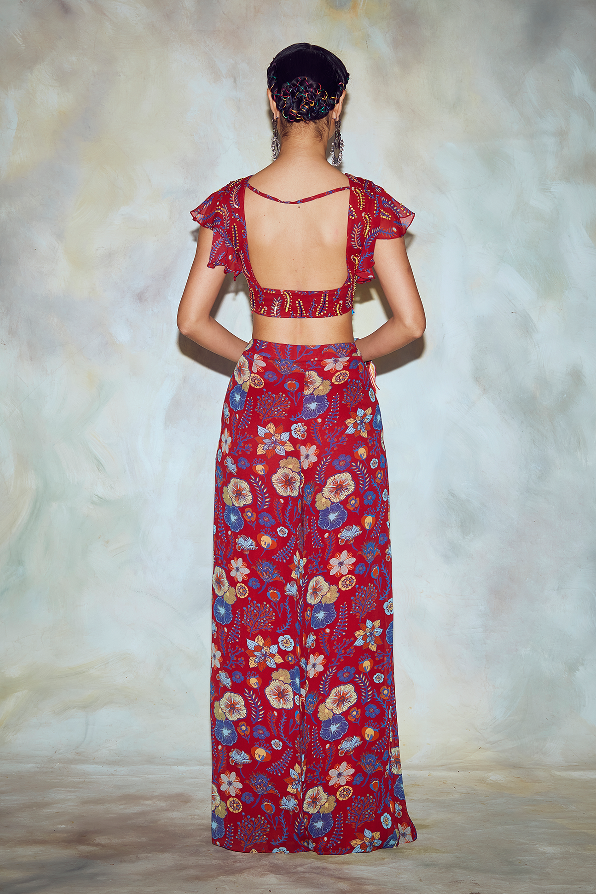 Crimson Red Leaf Print Crop Top Set