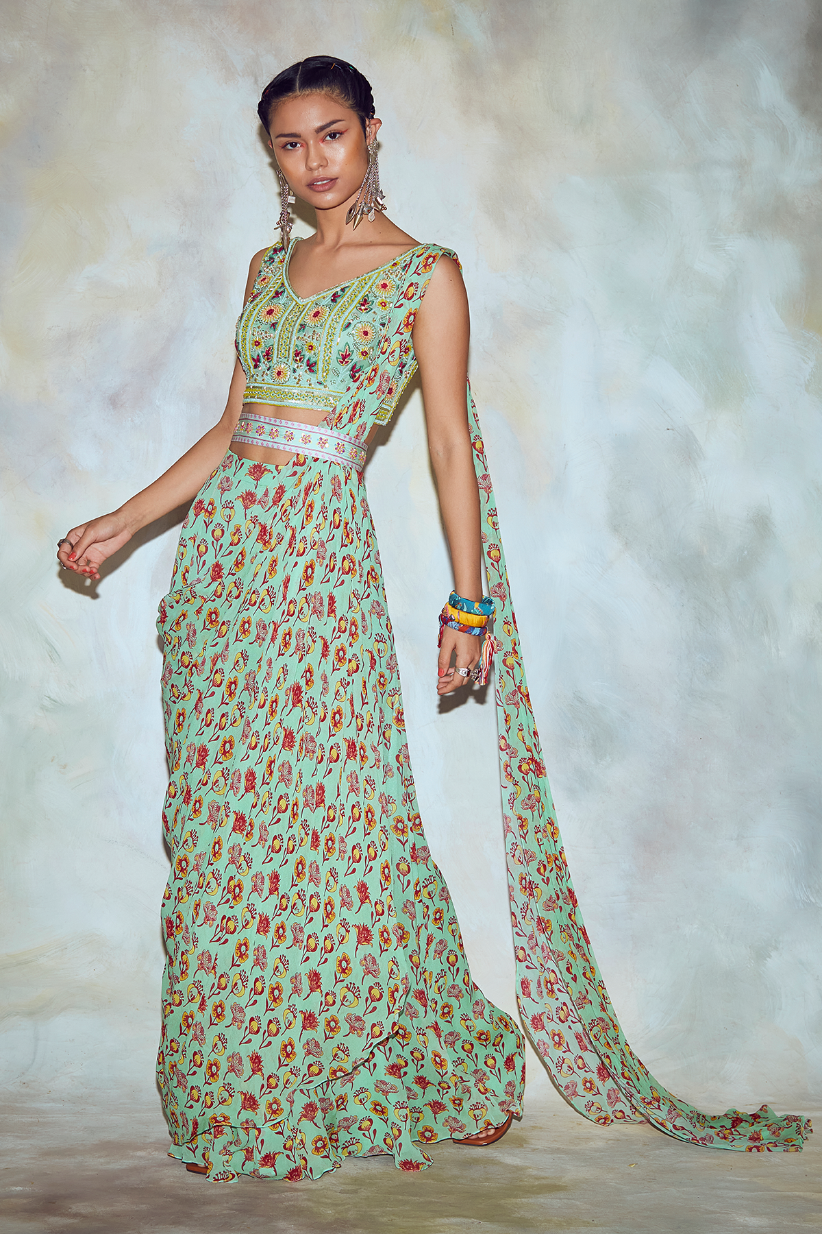 Mint Green Floral Saree Set