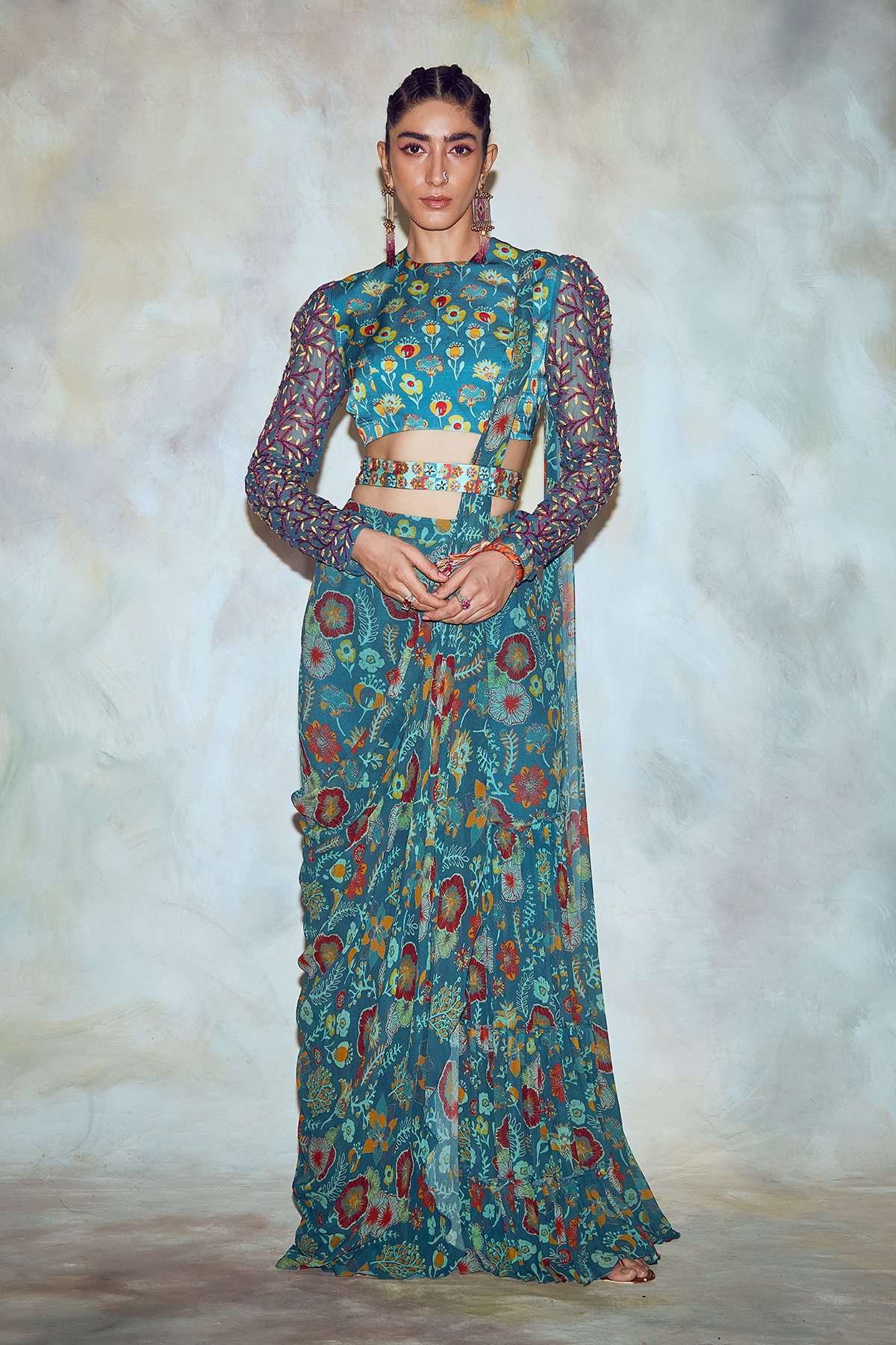 Teal Blue Floral Saree Set