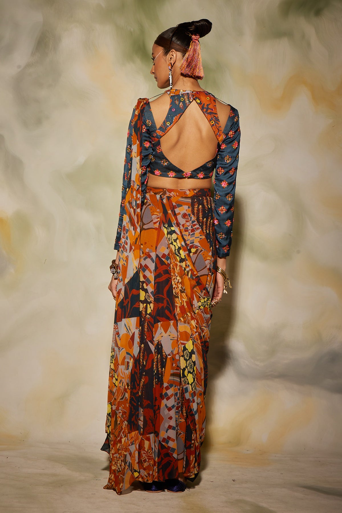 Brown & rust aztec print sharara saree with butta print