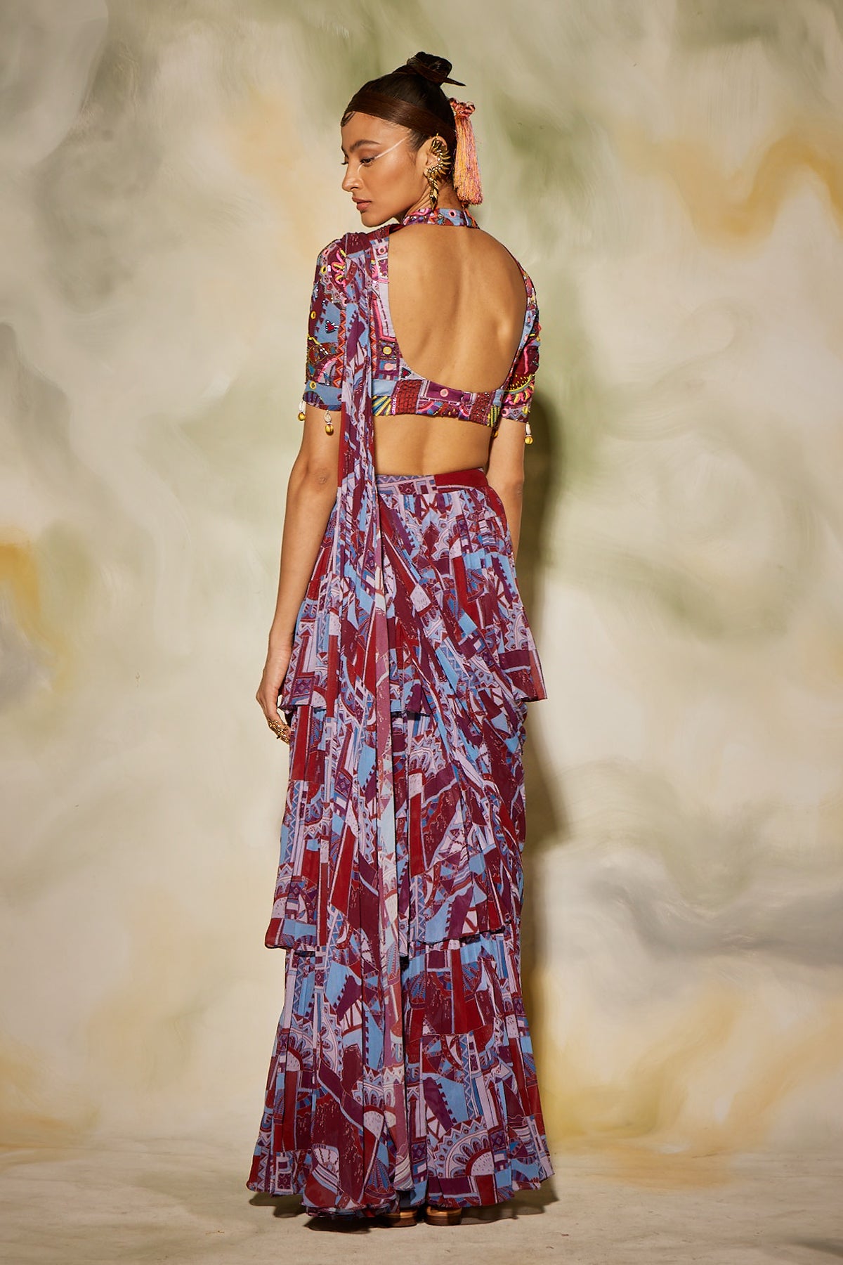 Purple geometric printed layer skirt saree