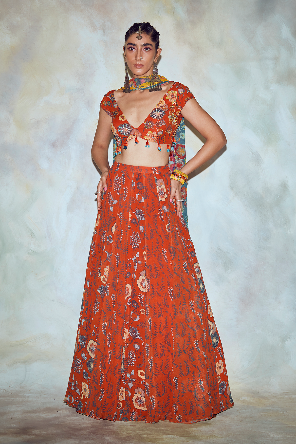 Rust Jaal Print Lehenga Set