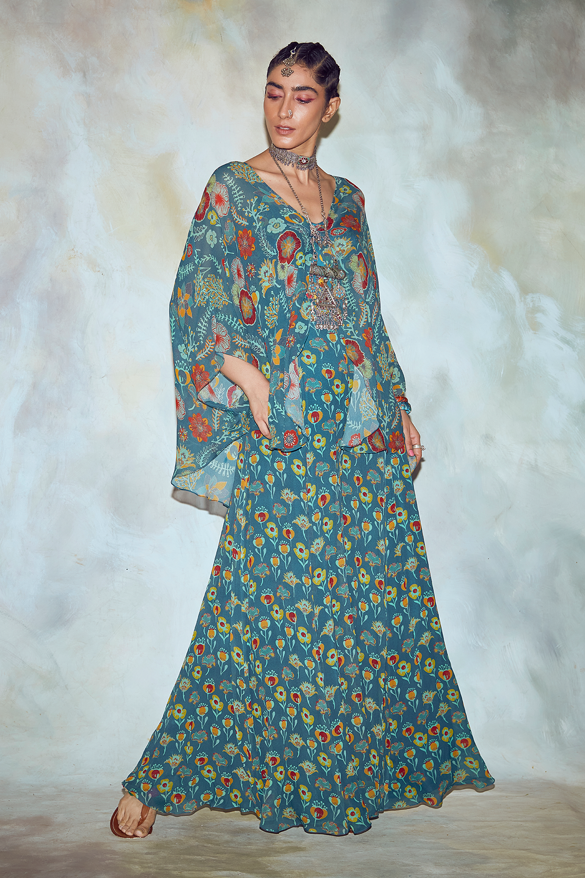 Teal Blue Floral Print Cape Set