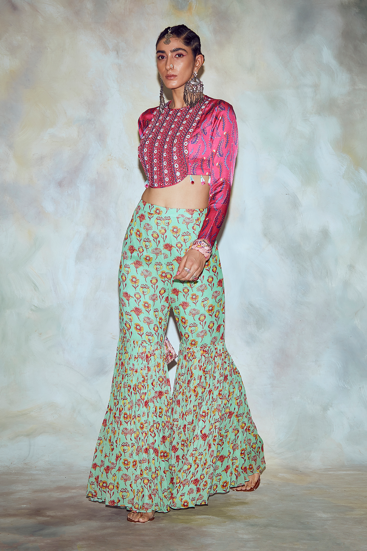 Fuschia  Pink Leaf Print Crop Set