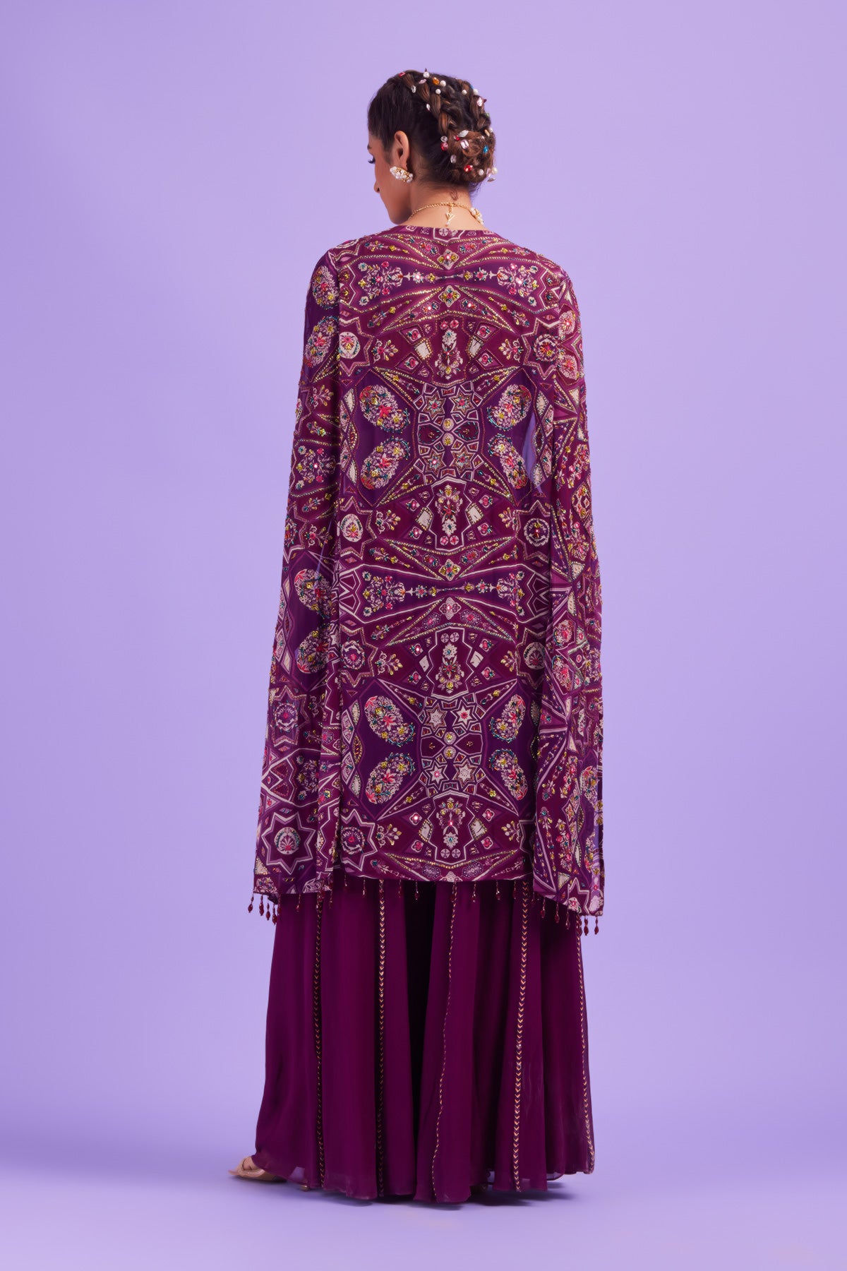 Purple Jaal Print & Highlighted Cape & Sharara Pants