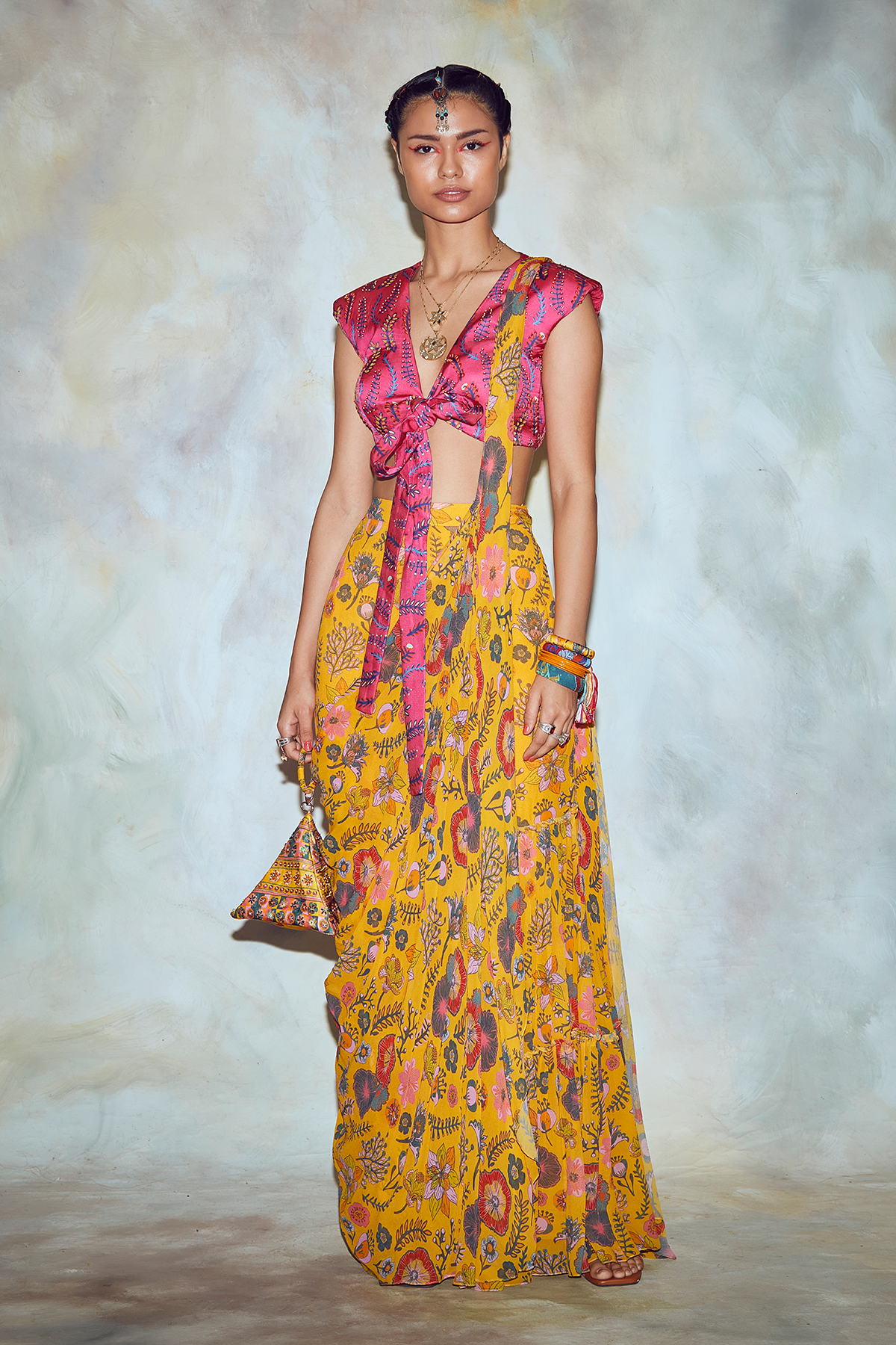 Fuschia Pink Leaf Print Saree Set