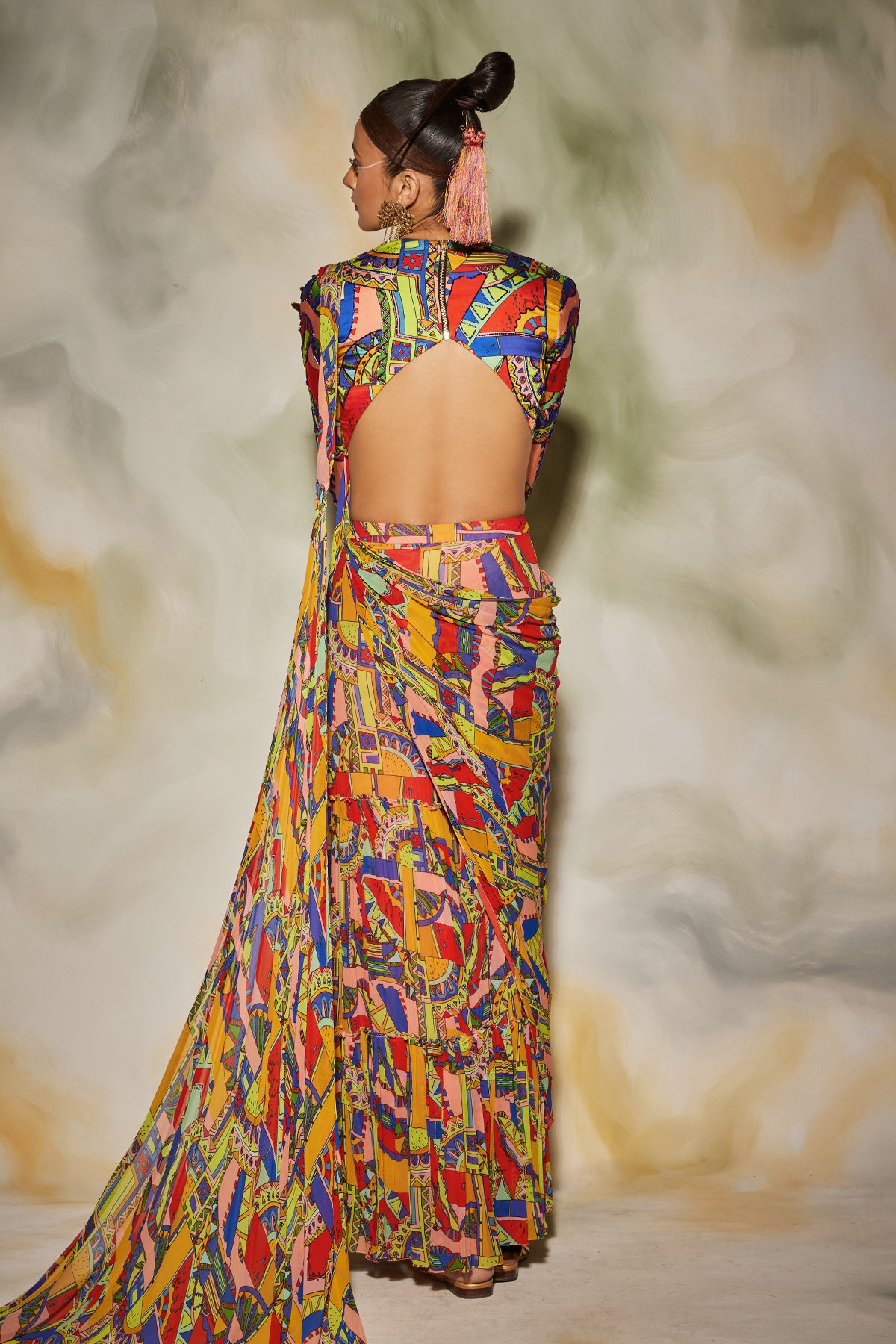 Neon Geometric Printed Gharara Saree Set and Printed Leather Belt