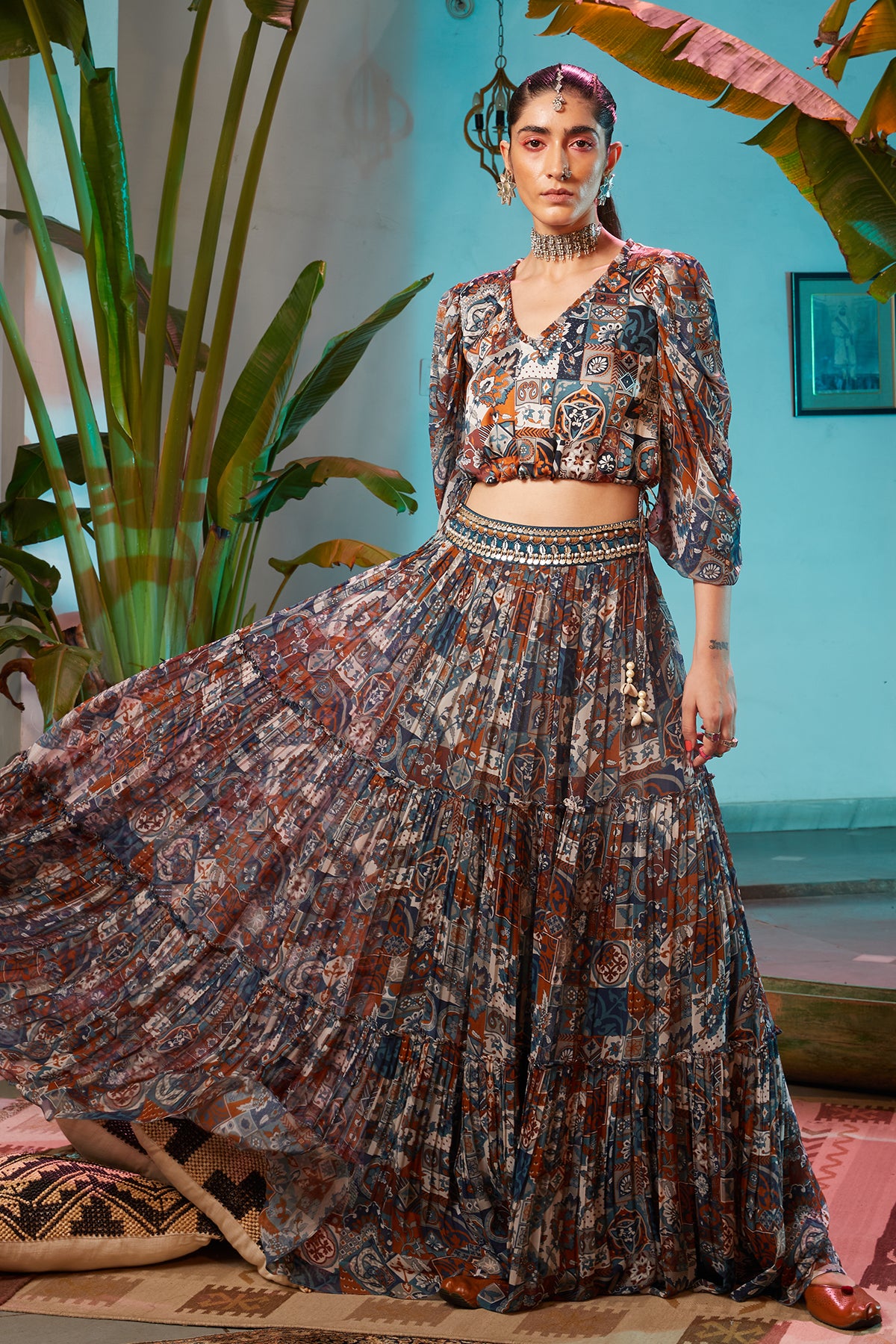 Multi-Color Tile Print Tiered Skirt