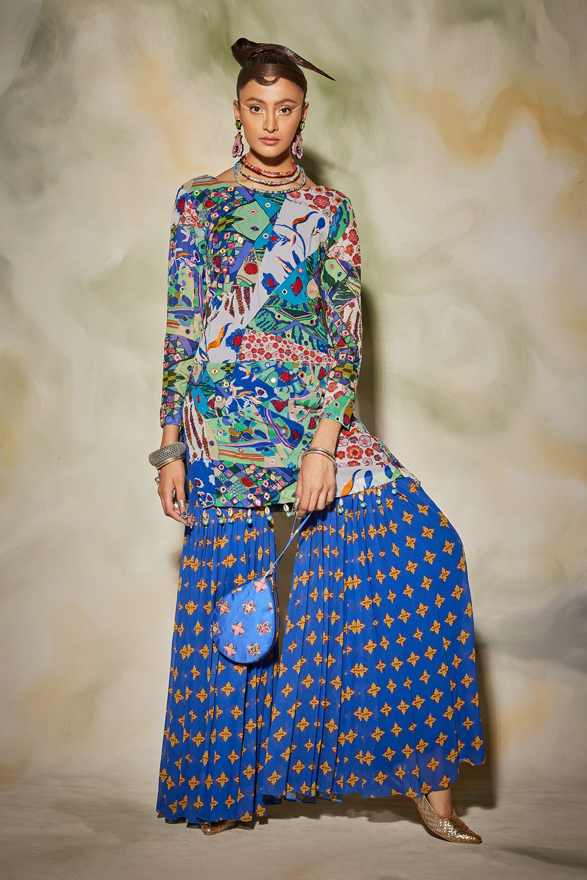 White & Blue Aztec Print highlighted Kurti Gharara Set With Drop Potali Bag