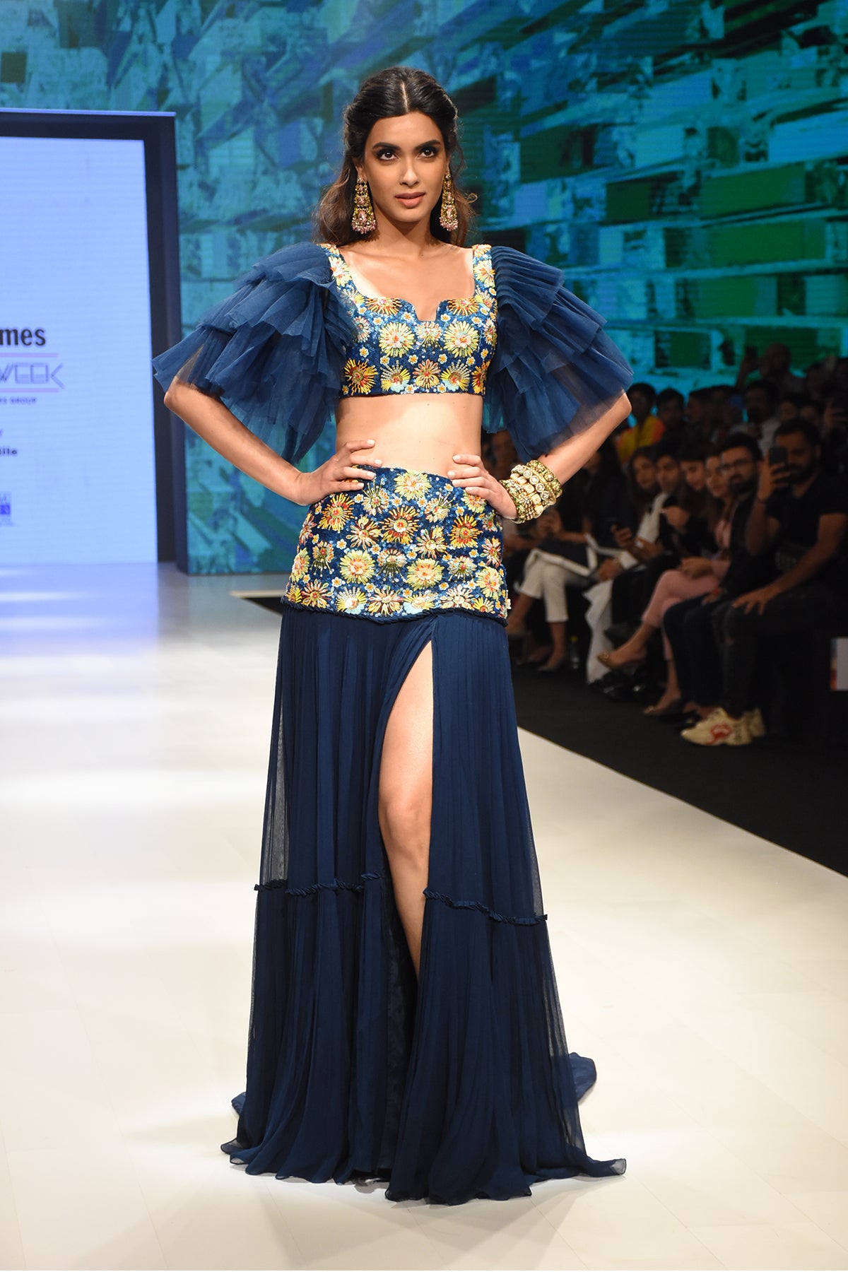 Diana Penty In Tiered Sleeves 3D Embroidered Blouse with Bask Embroidered Lehenga
