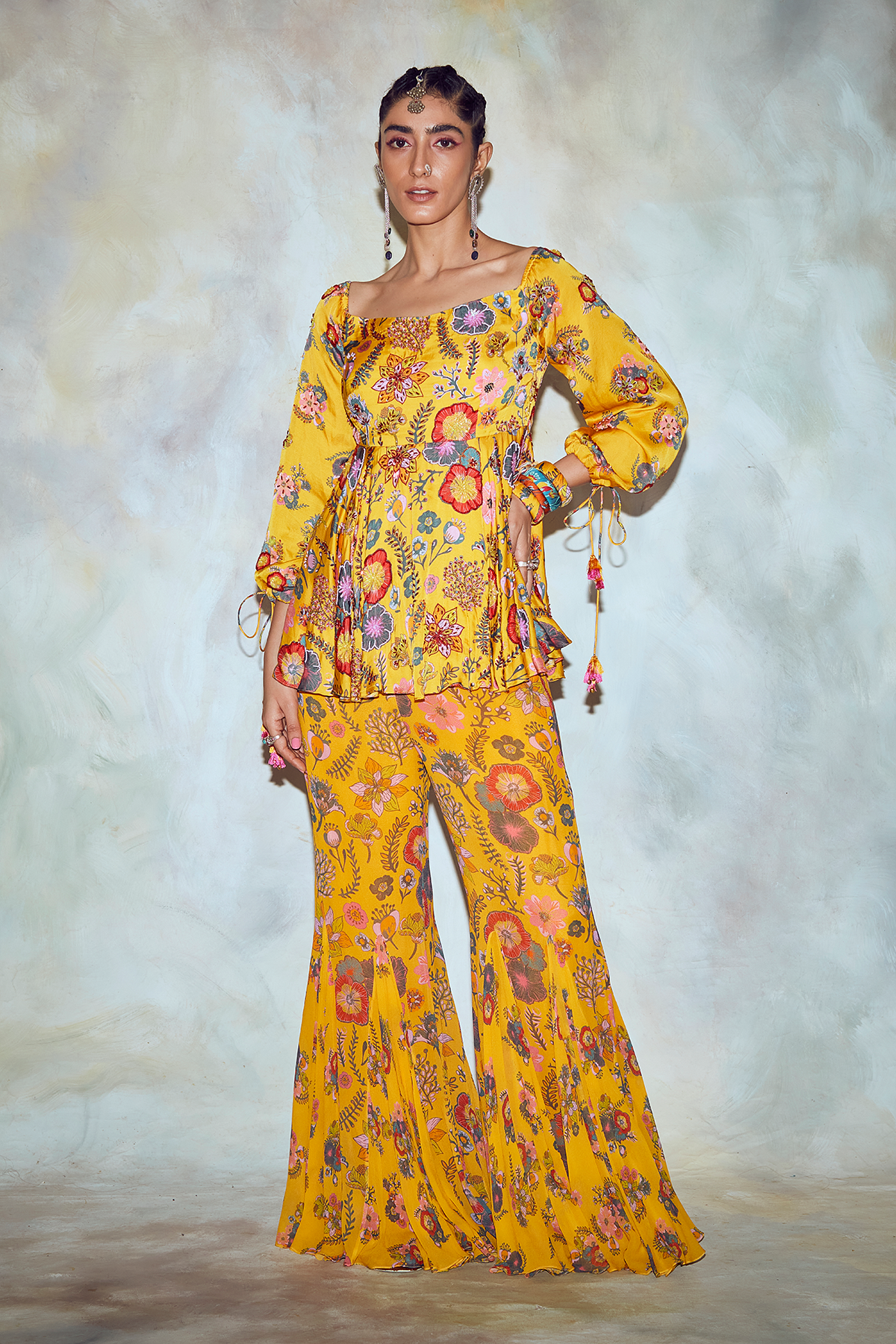 Yellow Jaal Print Peplum Pant