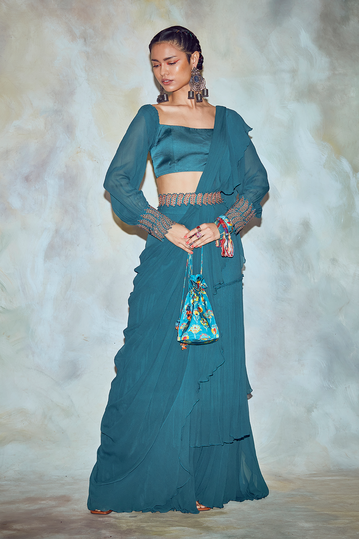 Teal Blue Sleeves Cuff Saree Set