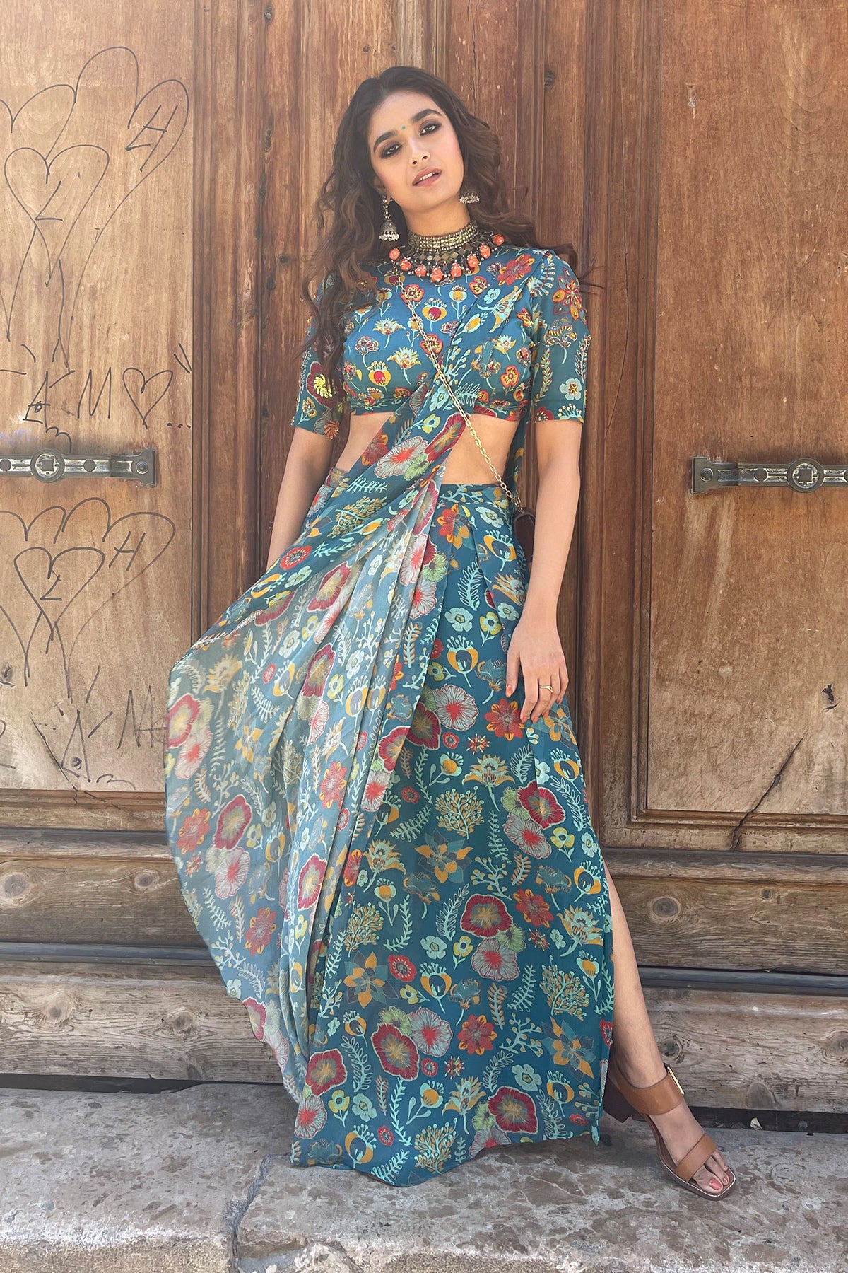 Keerthy Suresh in Teal Blue Jaal & Floral Saree Set