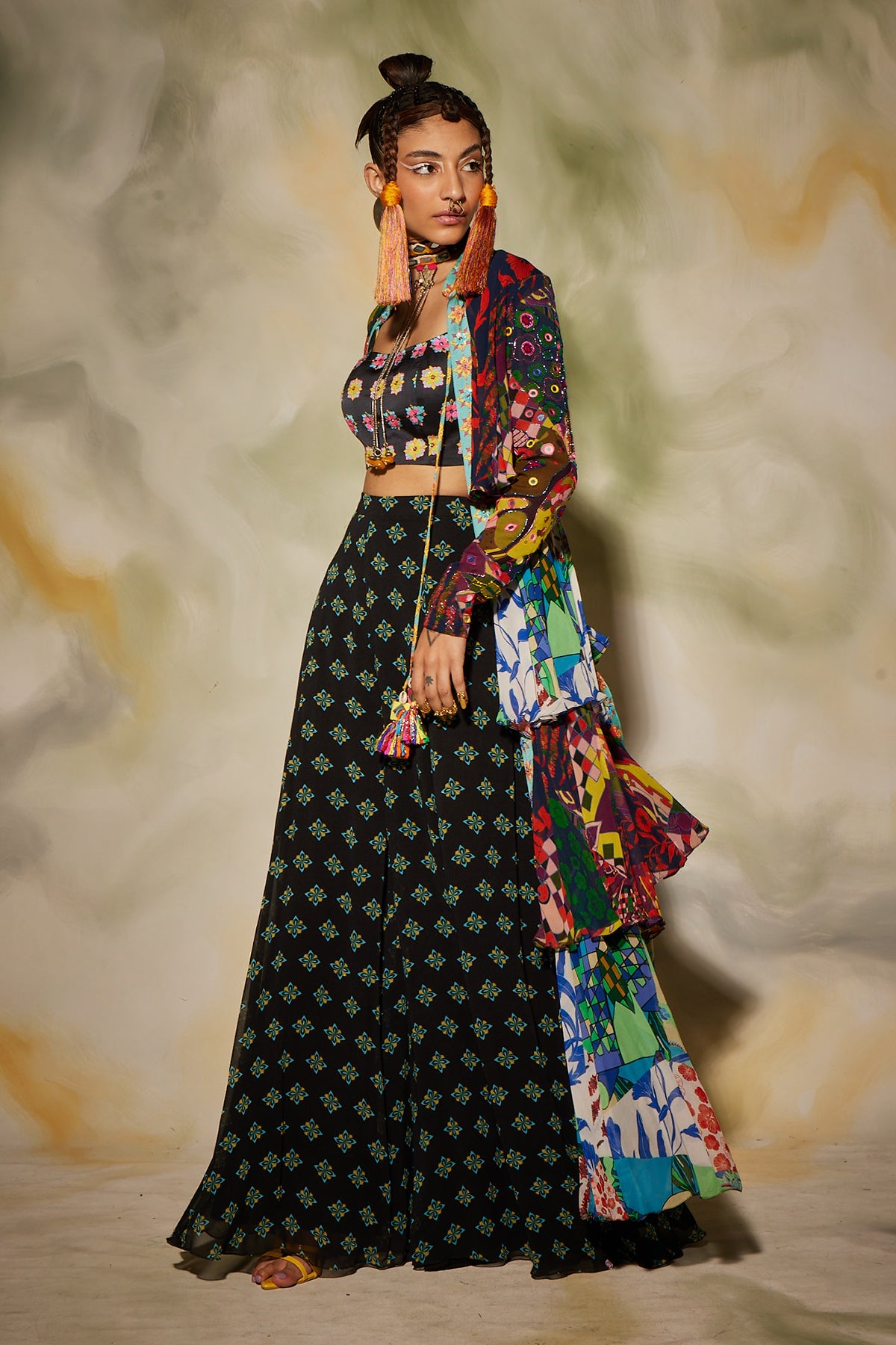 Multicolor Aztec & Butta Printed Layer Cape With Sharara Pant Set