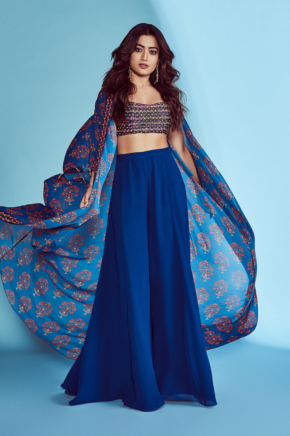 Rashmika Mandanna in  Blue Cord & Cutdana Embroidered Bustier Cape Set