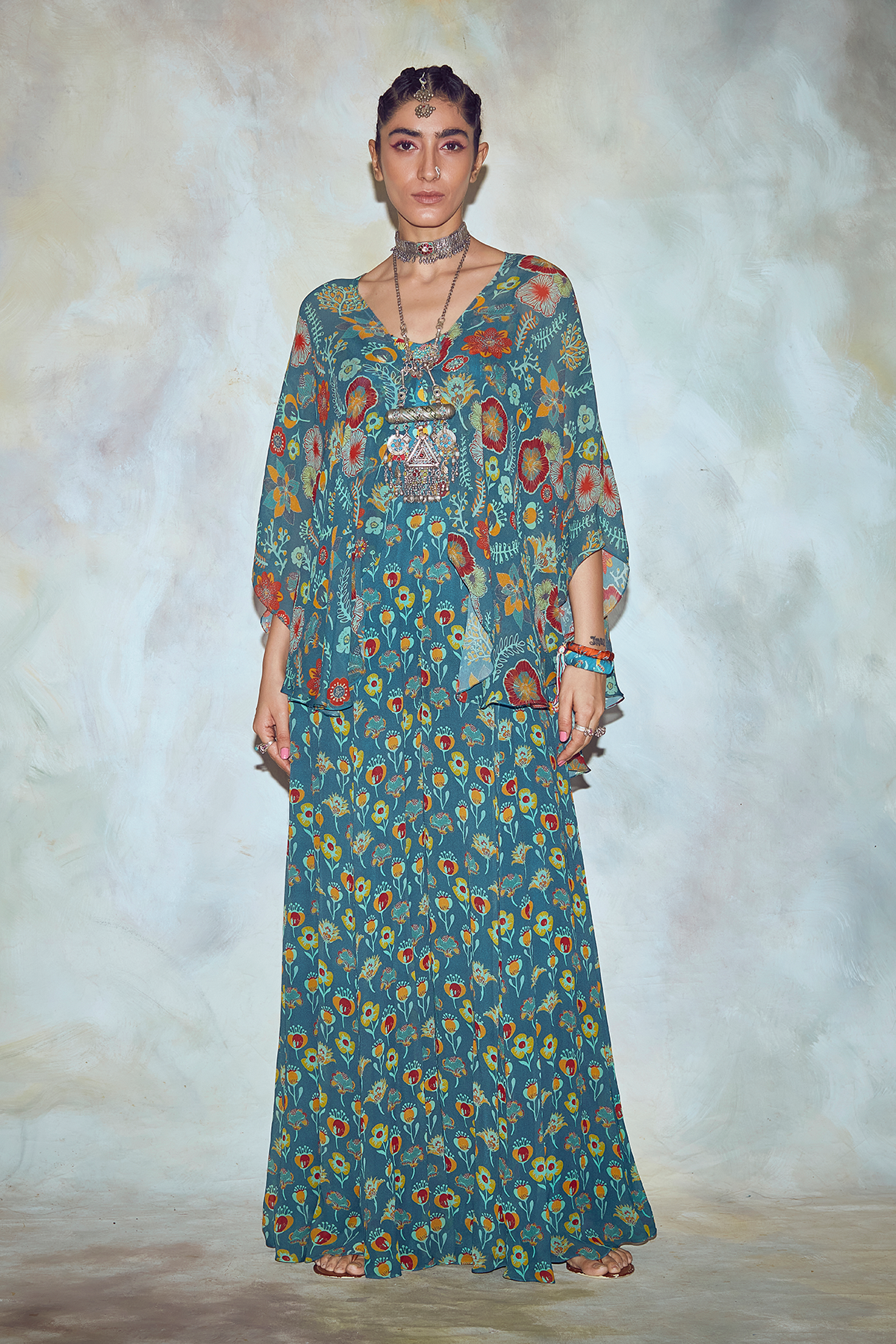 Teal Blue Floral Print Cape Set