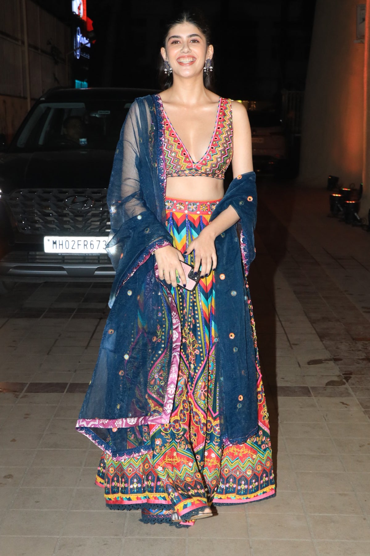 Sanjana Sanghi in Teal Blue Chevron Print & Highlighted Blouse Lehenga And Organza Embroidered Dupatta