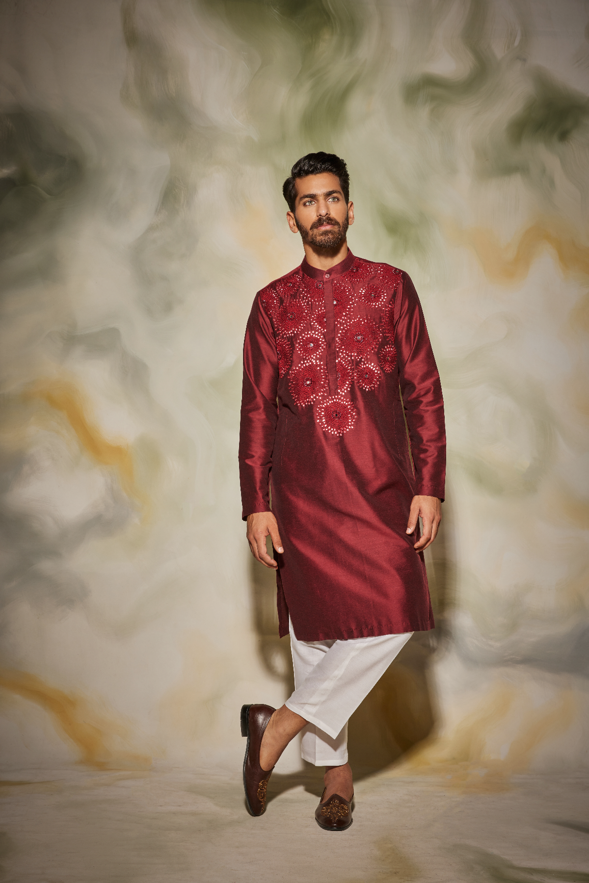 Maroon Thread and Cutdana Embroidered Sunray Kurta