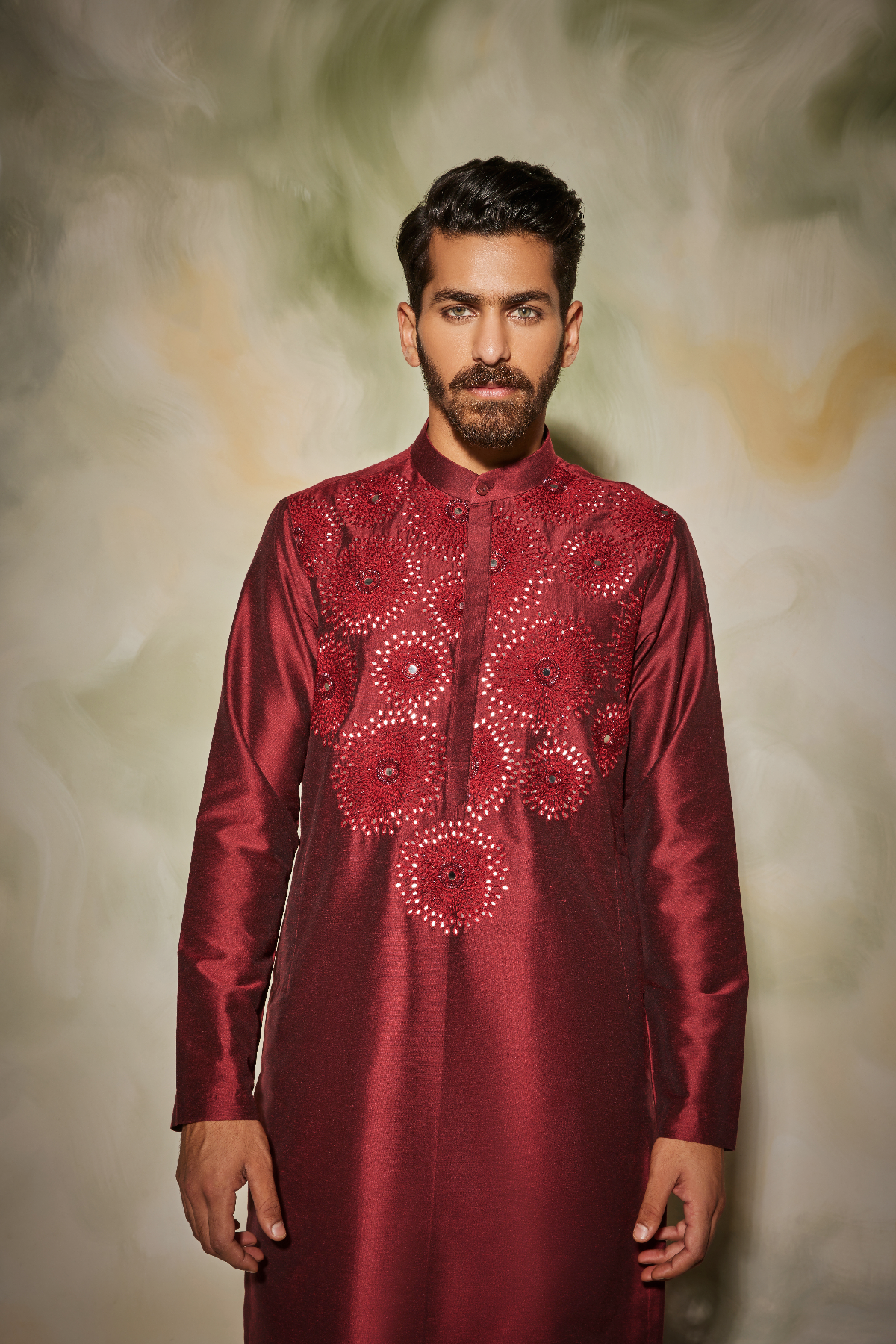 Maroon Thread and Cutdana Embroidered Sunray Kurta
