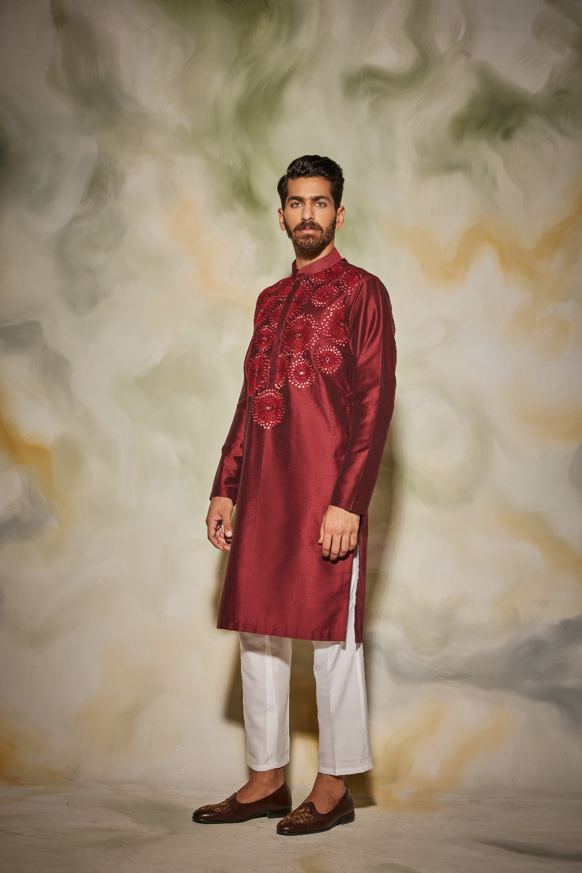 Maroon Thread and Cutdana Embroidered Sunray Kurta