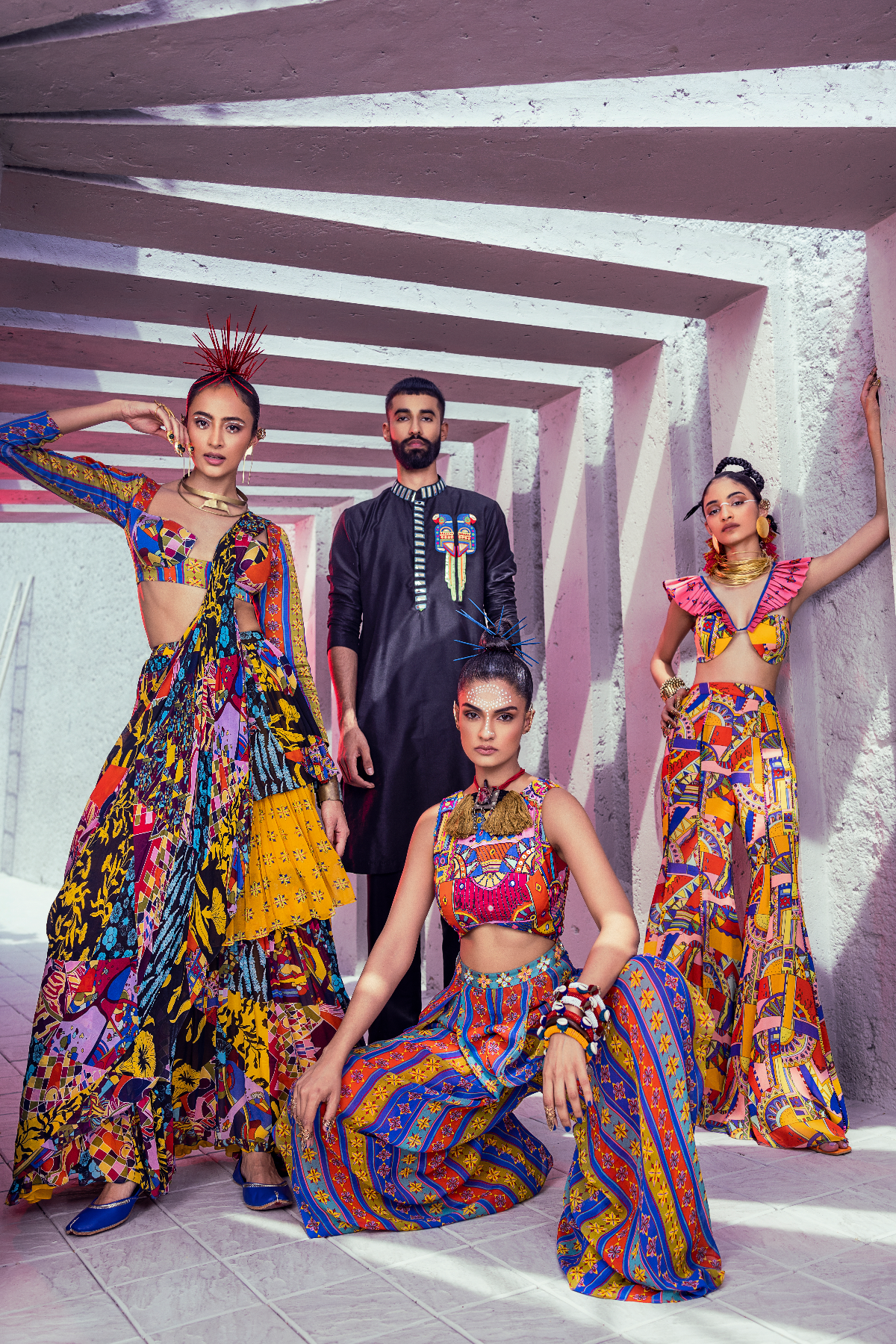 Black colorful thread and acrylic embroidered parrot Kurta