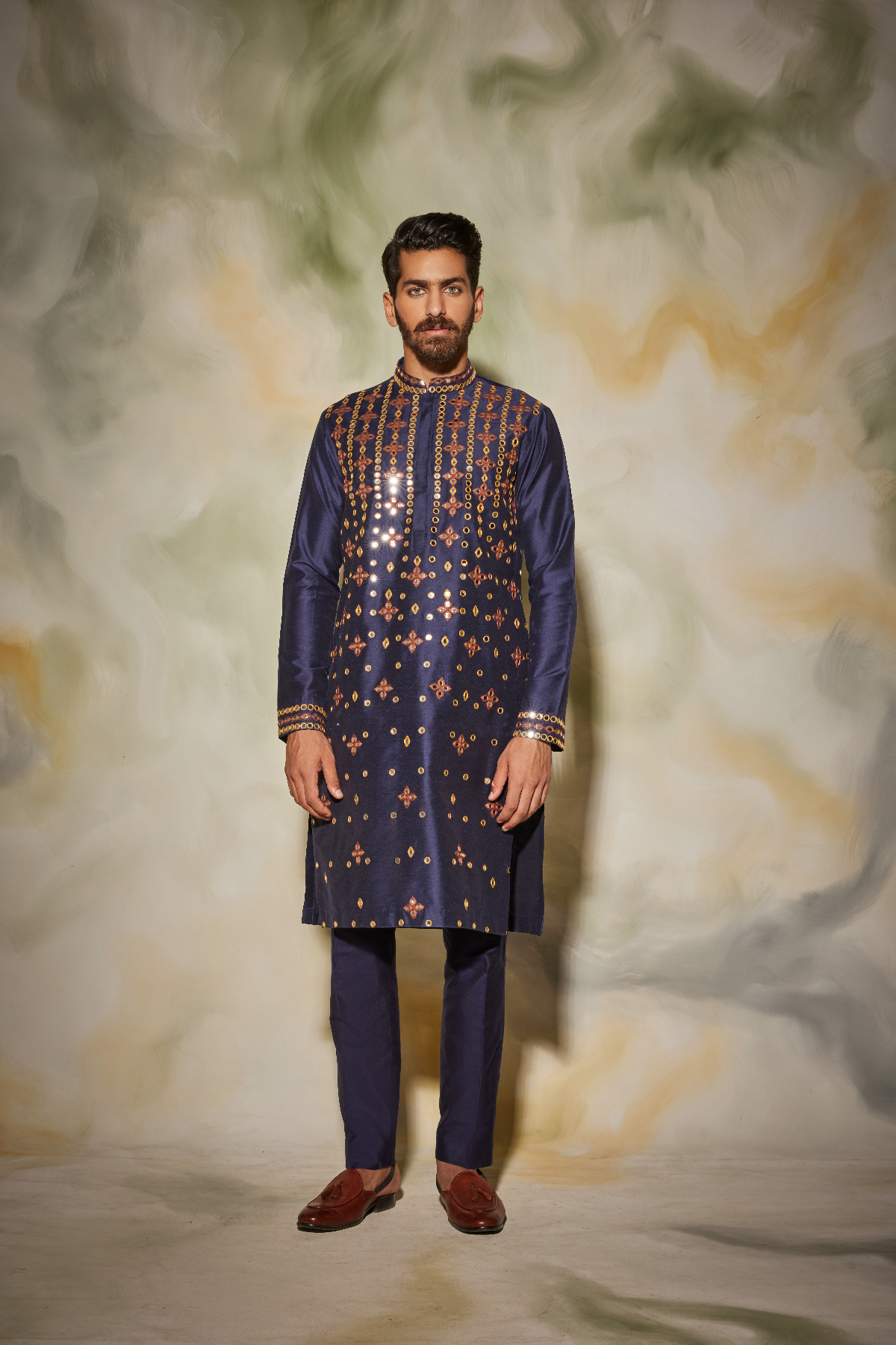 Dark Blue Thread and Acrylic Butta Embroidered Kurta