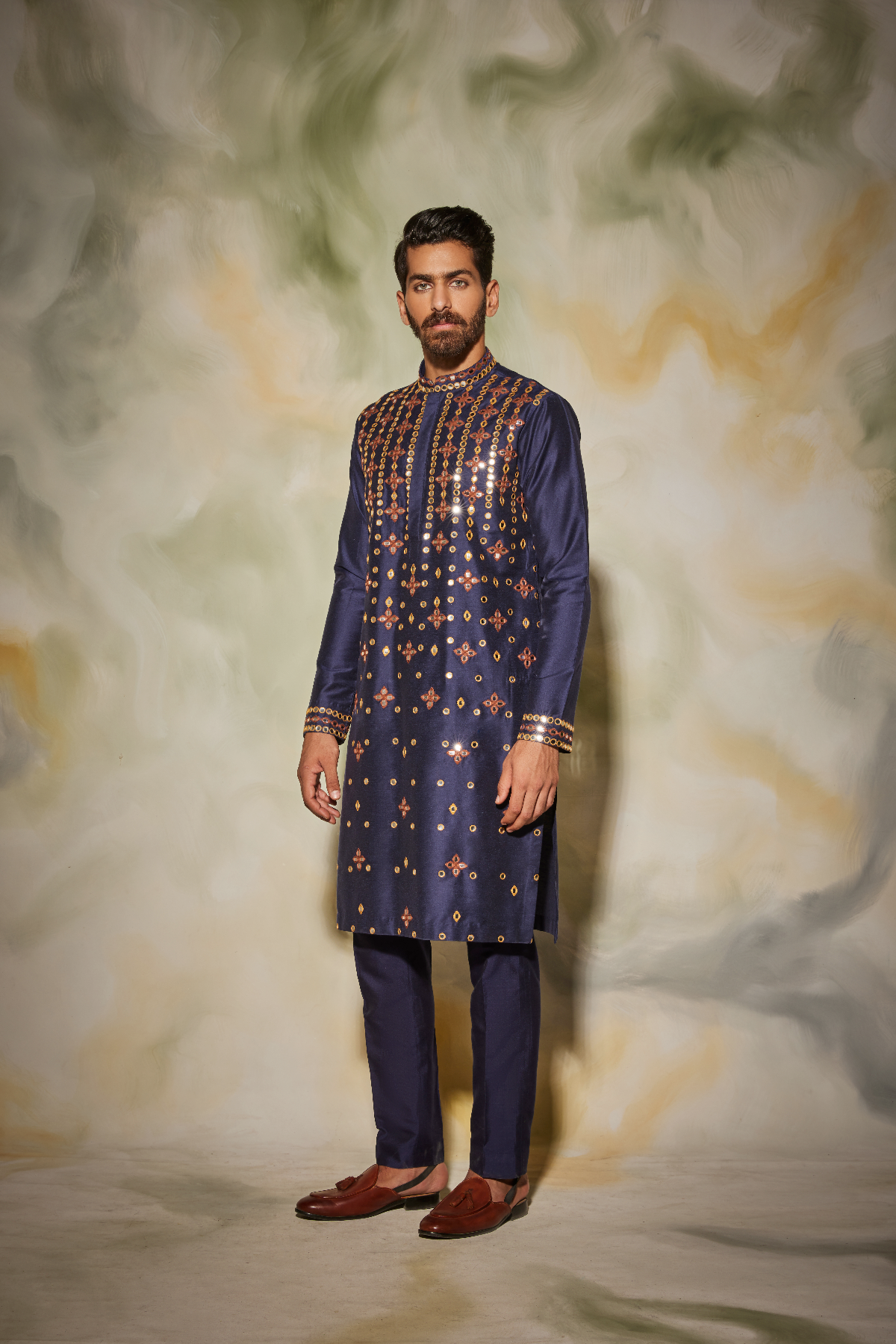 Dark Blue Thread and Acrylic Butta Embroidered Kurta