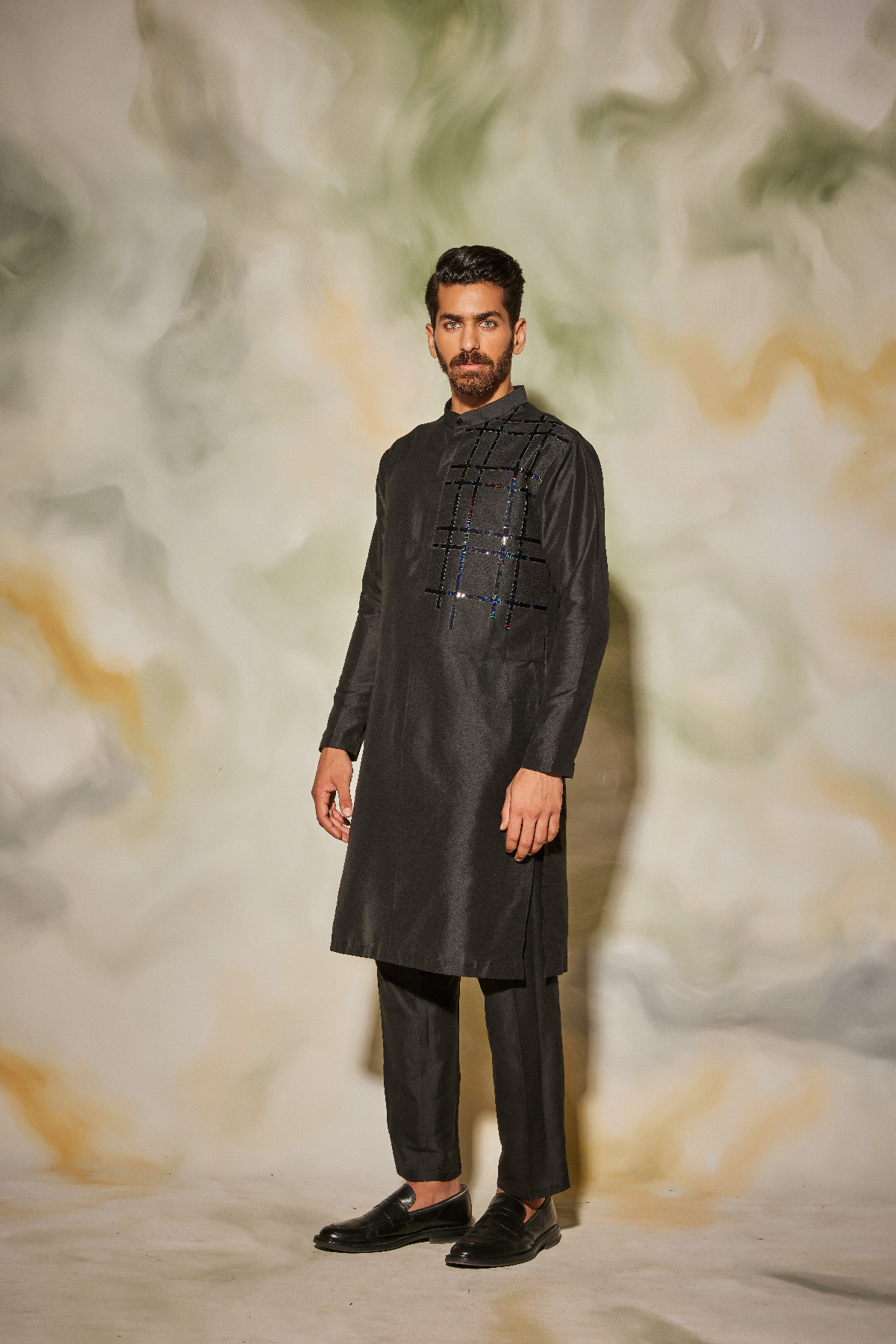 Black Self On Self One Side Quilted with leather detail Kurta