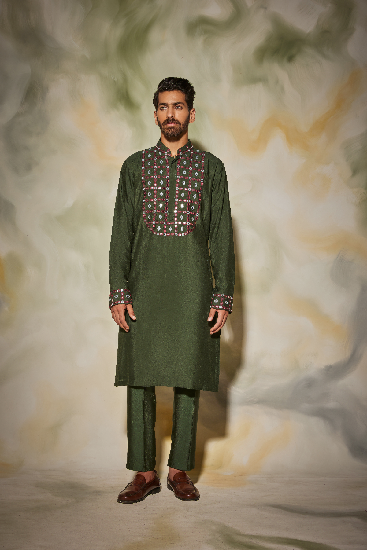 Olive green thread and acrylic mix yoke embroidered kurta