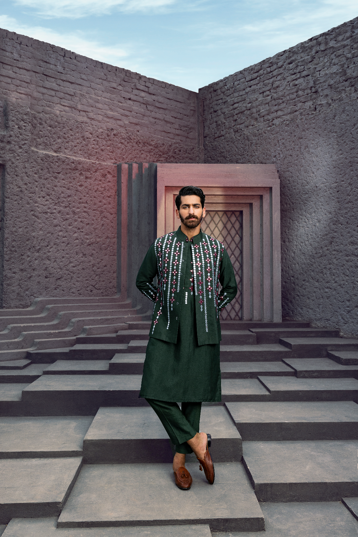 Olive Green Multicolour thread and acrylic embroidered rain drop Kurta & Bundy