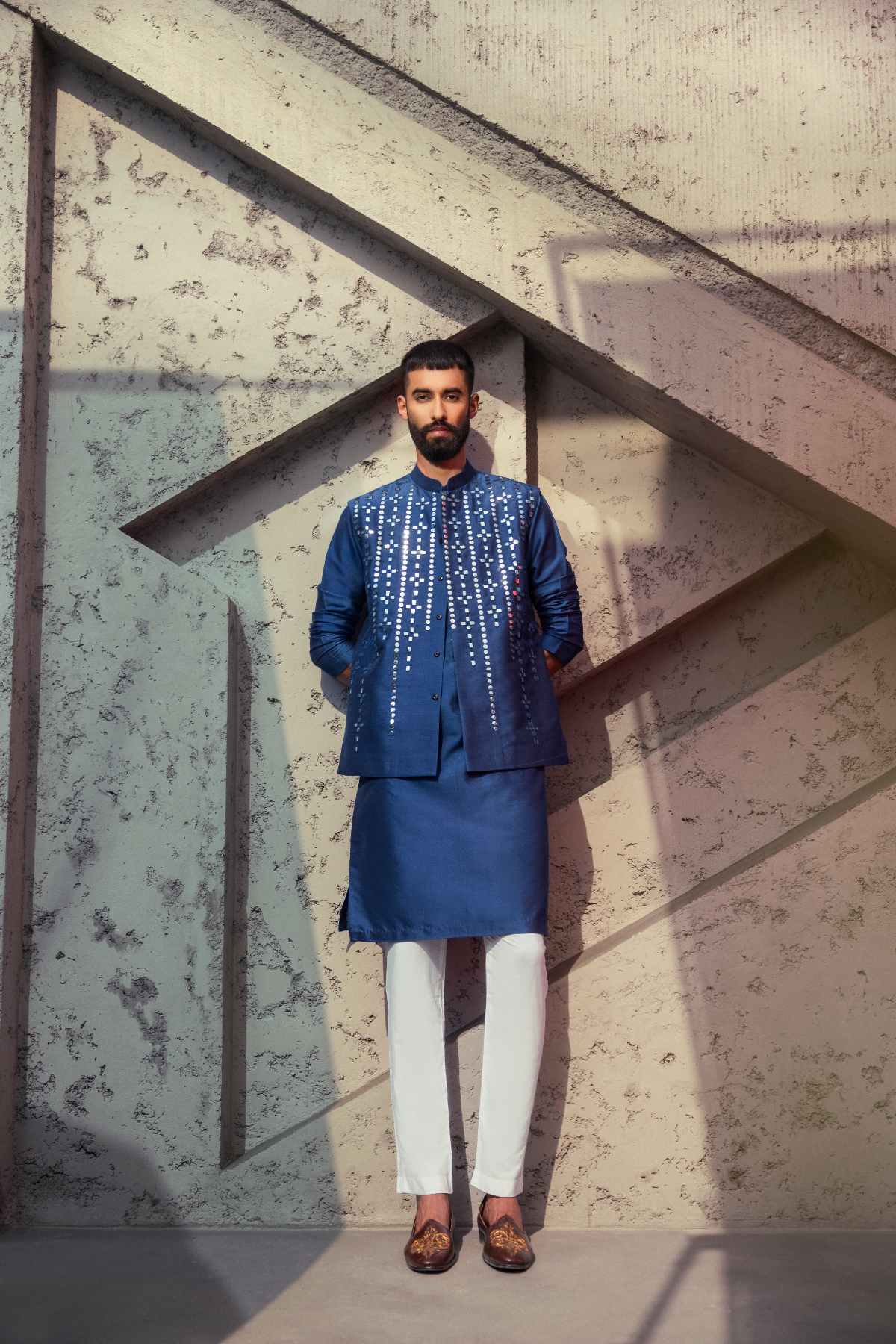 Indigo Blue self on self thread and acrylic embroiderd rain drop Kurta & Bundy