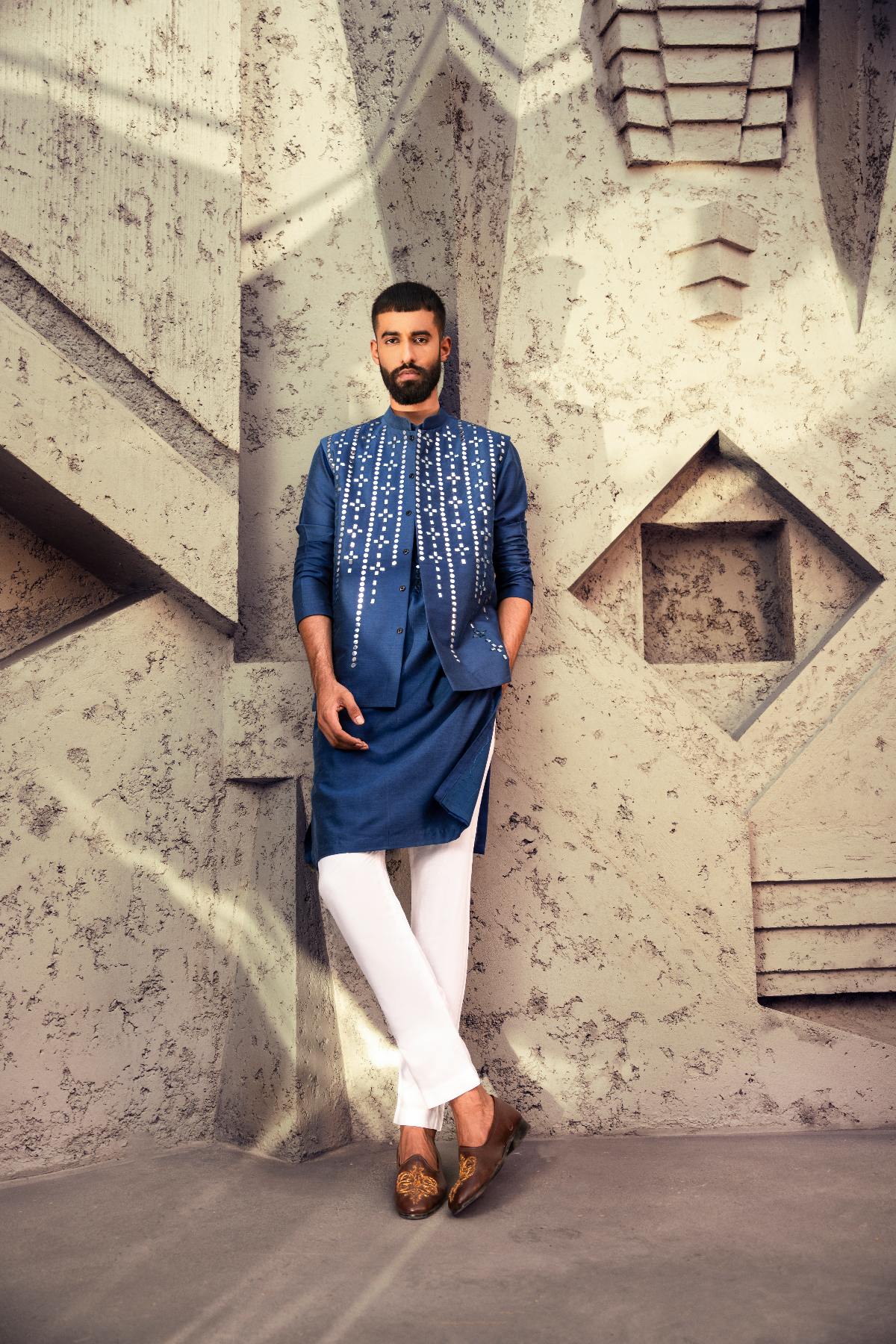 Indigo Blue self on self thread and acrylic embroiderd rain drop Kurta & Bundy