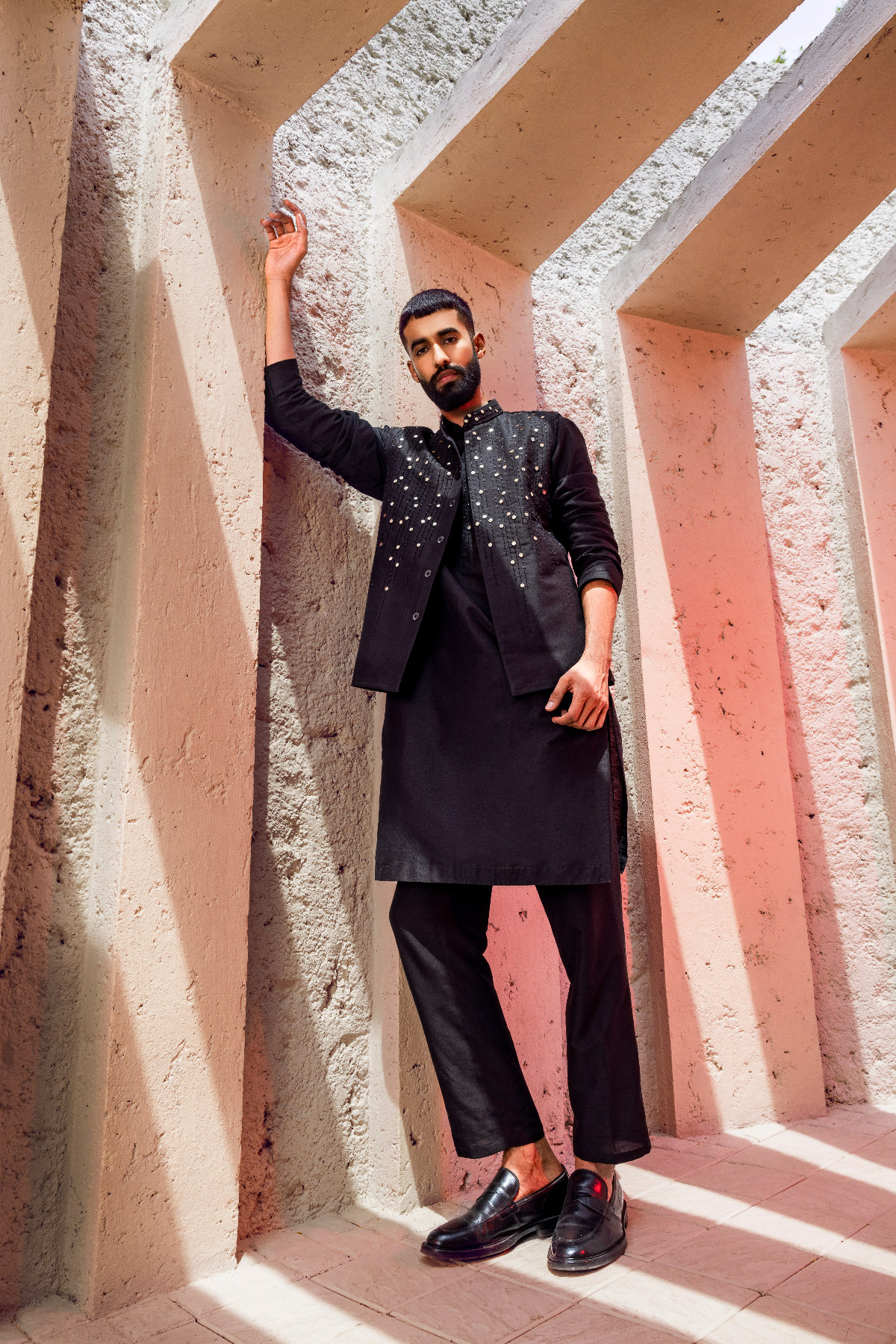 Black self acrylic mix embroidered kurta set